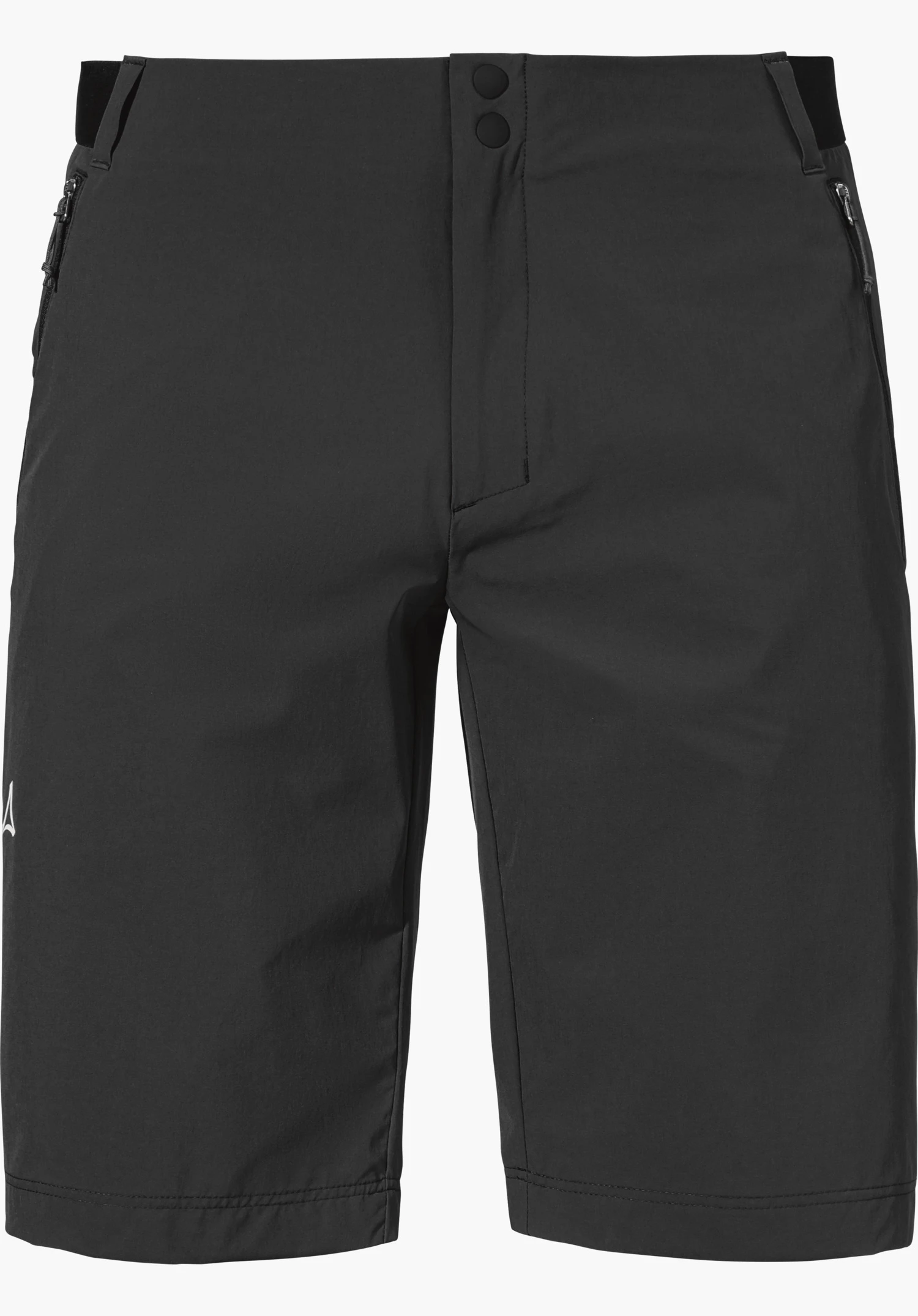 Shorts Style Blaustein MNS in Schwarz mit Reißverschlusstaschen und seitlich sichtbarem Schöffel-Logo, freigestellt vor weißem Hintergrund.