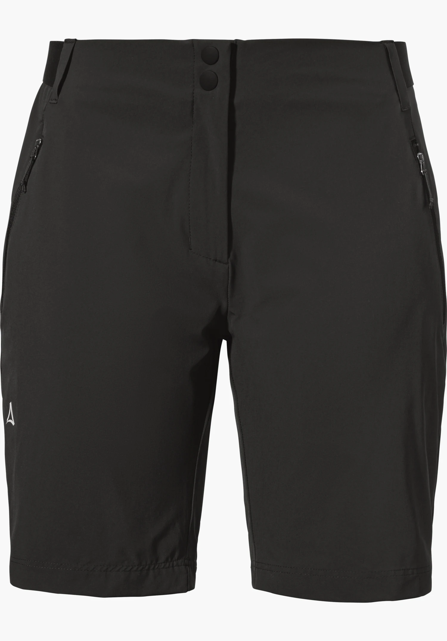 Shorts Style Blaustein WMS, un short noir pour femme avec deux boutons-pression à la taille, des poches latérales zippées et un petit logo Schöffel sur la jambe, détouré sur fond blanc.