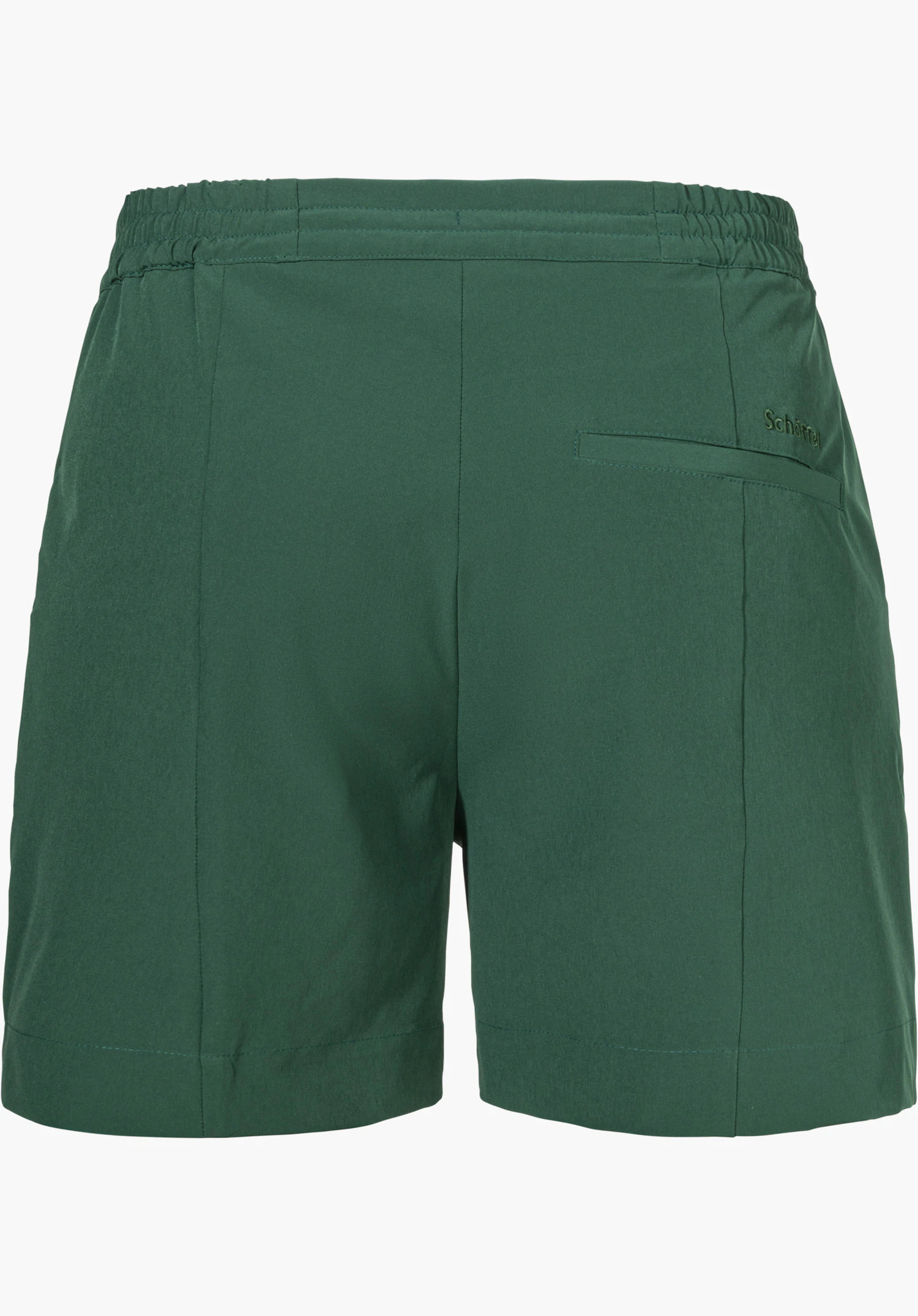 Shorts Style Gharra WMS in het groen, achteraanzicht met een elastische tailleband, een achterzak aan de rechterkant en een subtiel Schöffel-logo, vrijstaand tegen een witte achtergrond.