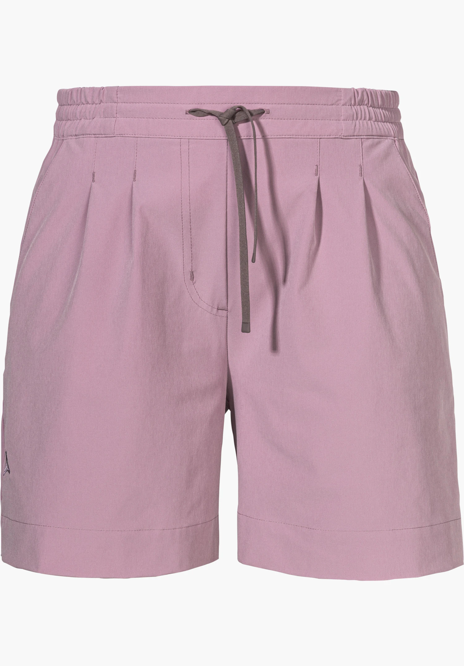 Shorts Style Gharra WMS in der Farbe rosa mit elastischem Bund, Kordelzug und kleinem Schöffel-Logo am Bein, freigestellt vor weißem Hintergrund.