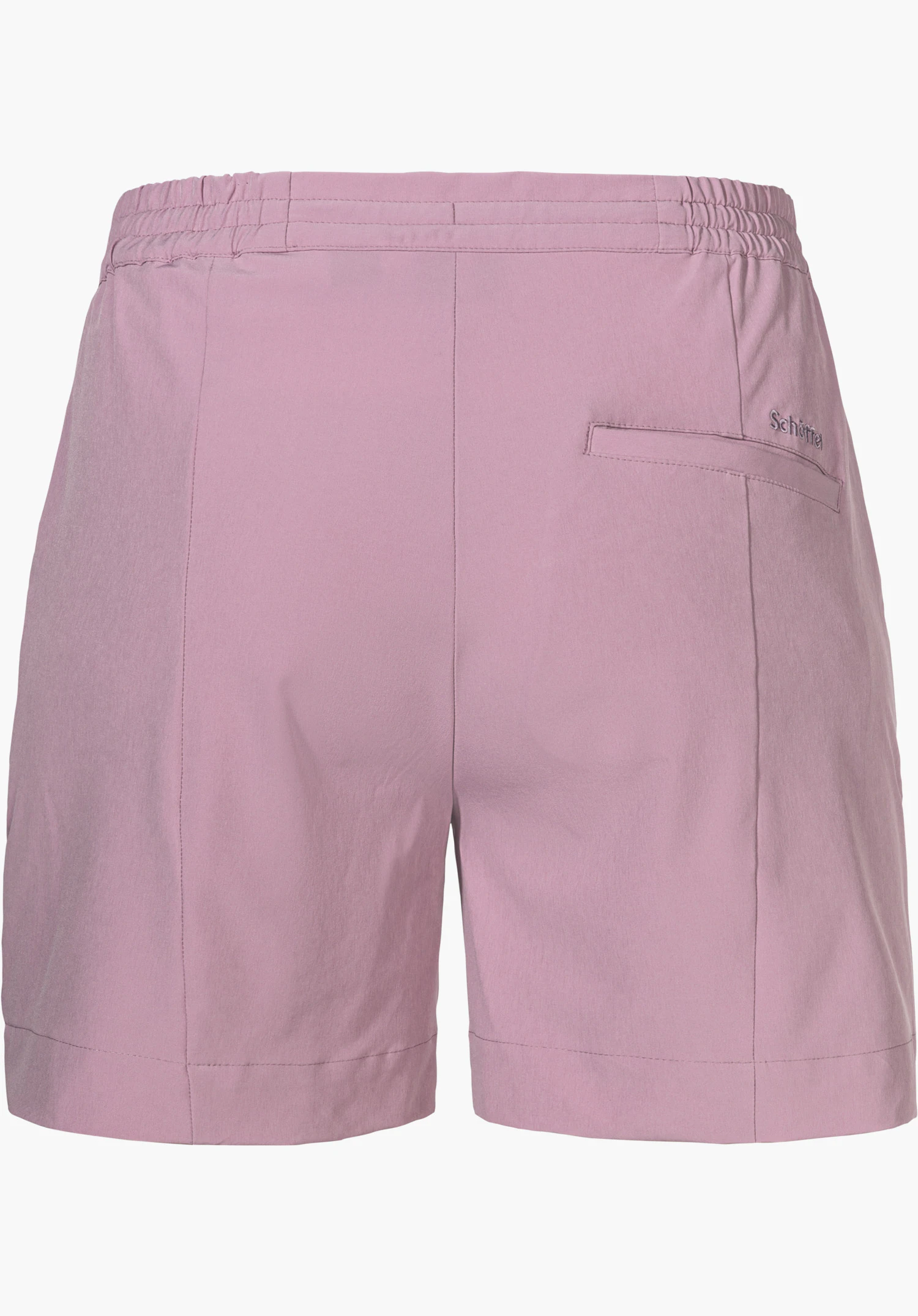 Shorts Style Gharra WMS in het roze in het achteraanzicht, met een elastische tailleband, een achterzak en een zichtbaar Schöffel-logo, vrijstaand op een witte achtergrond.