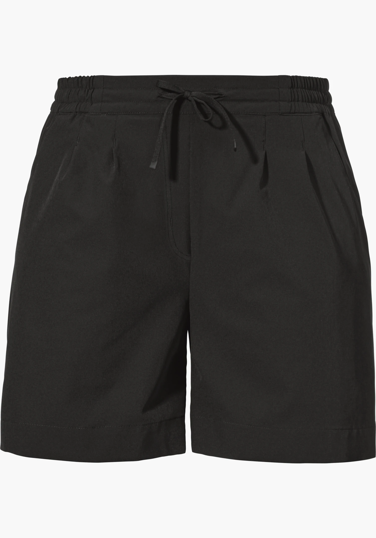 Shorts Style Gharra WMS in Schwarz mit elastischem Bund, Kordelzug und feinen Falten auf der Vorderseite, freigestellt vor weißem Hintergrund.