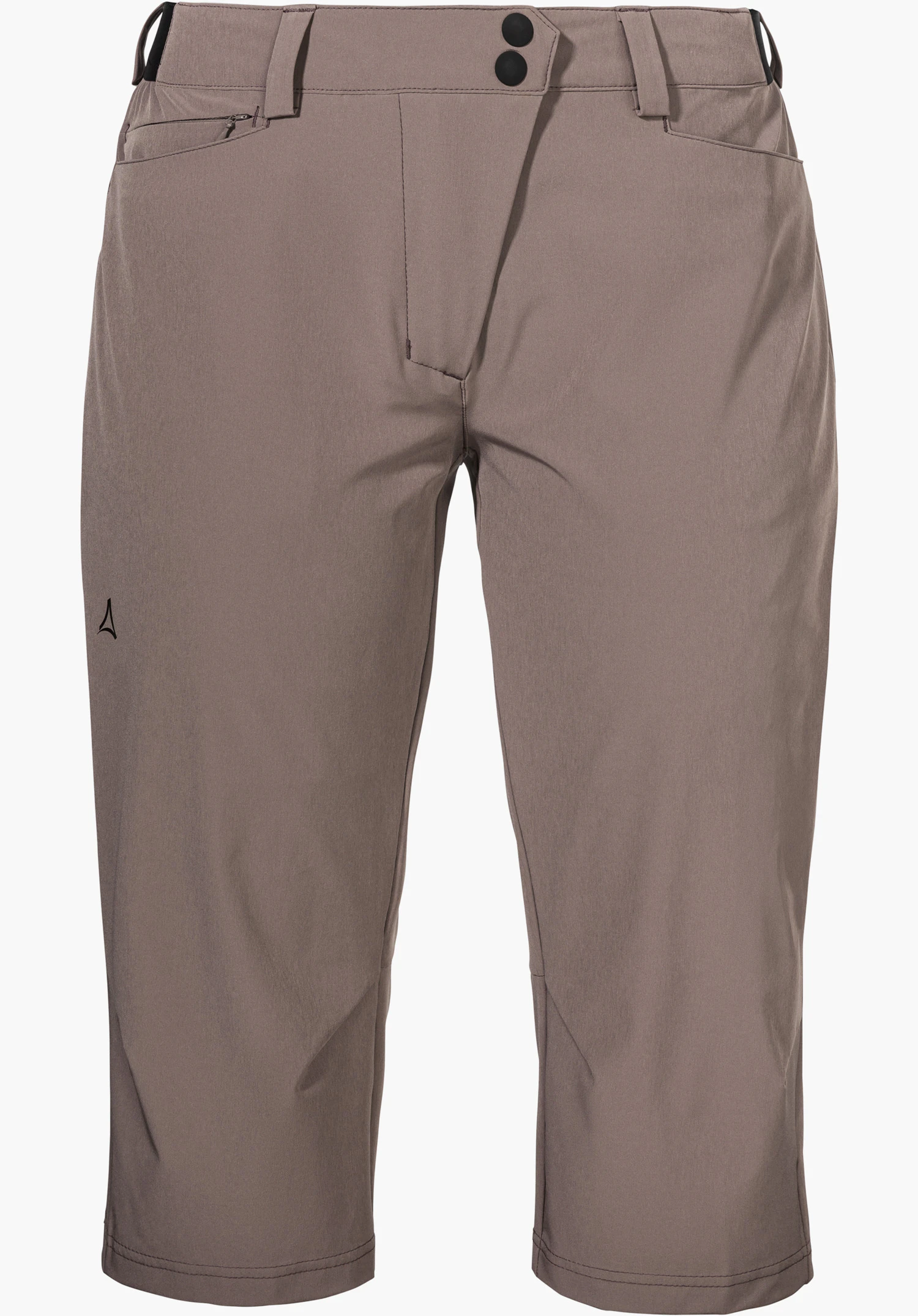 Capri Pants Style Keitele WMS in brown with two waist buttons, a side zip pocket and a small Schöffel logo on the right leg, isolated on a white background.