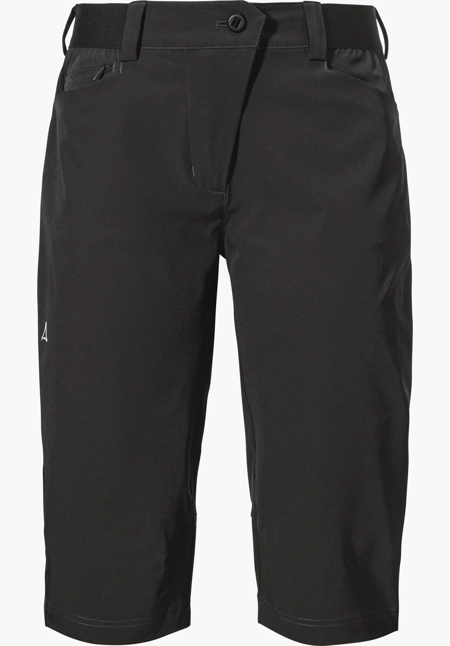 Capri Pants Style Keitele WMS three-quarter-length black trousers, front view on a white background; waistband with button, zip pocket and belt loops; white Schöffel logo on the left thigh.