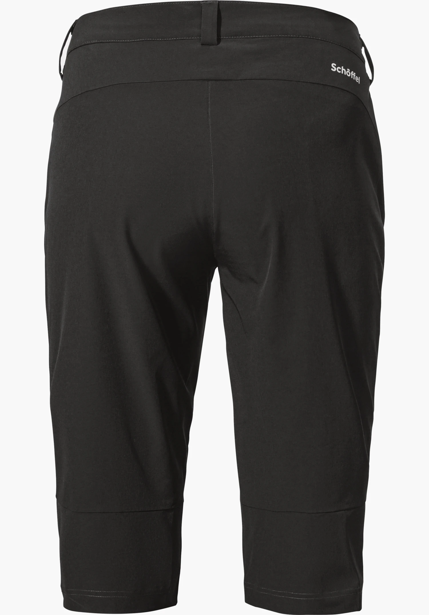 Capri Pants Style Keitele WMS knielange schwarze 3/4-Hose, von hinten dargestellt, Bund mit Gürtelschlaufen und Nahtdetails, auf weißem Hintergrund. Text: "Schöffel".