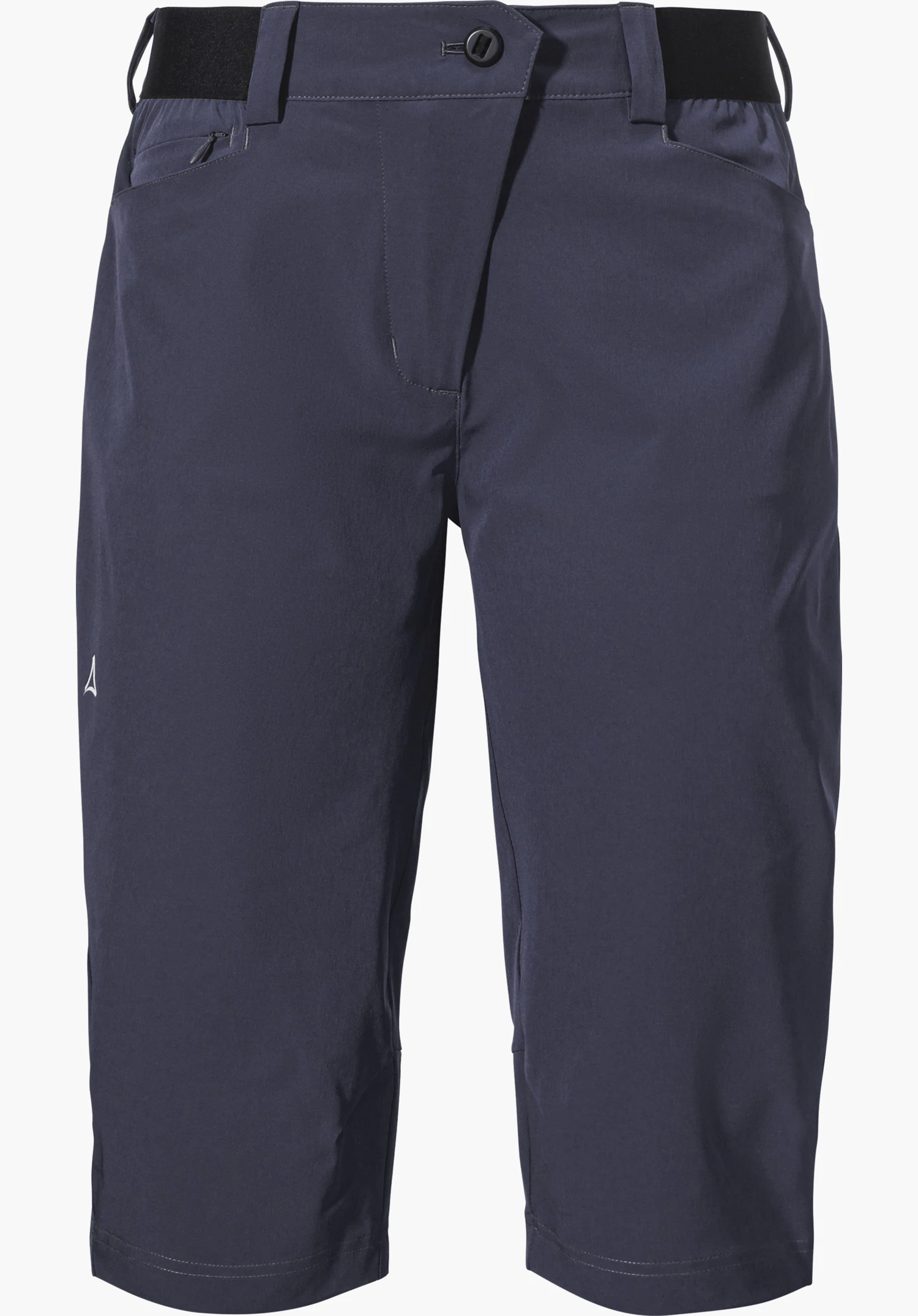 Capri Pants Style Keitele WMS in der Farbe Blau mit sichtbarem Schöffel-Logo am Bein, freigestellt vor weißem Hintergrund.