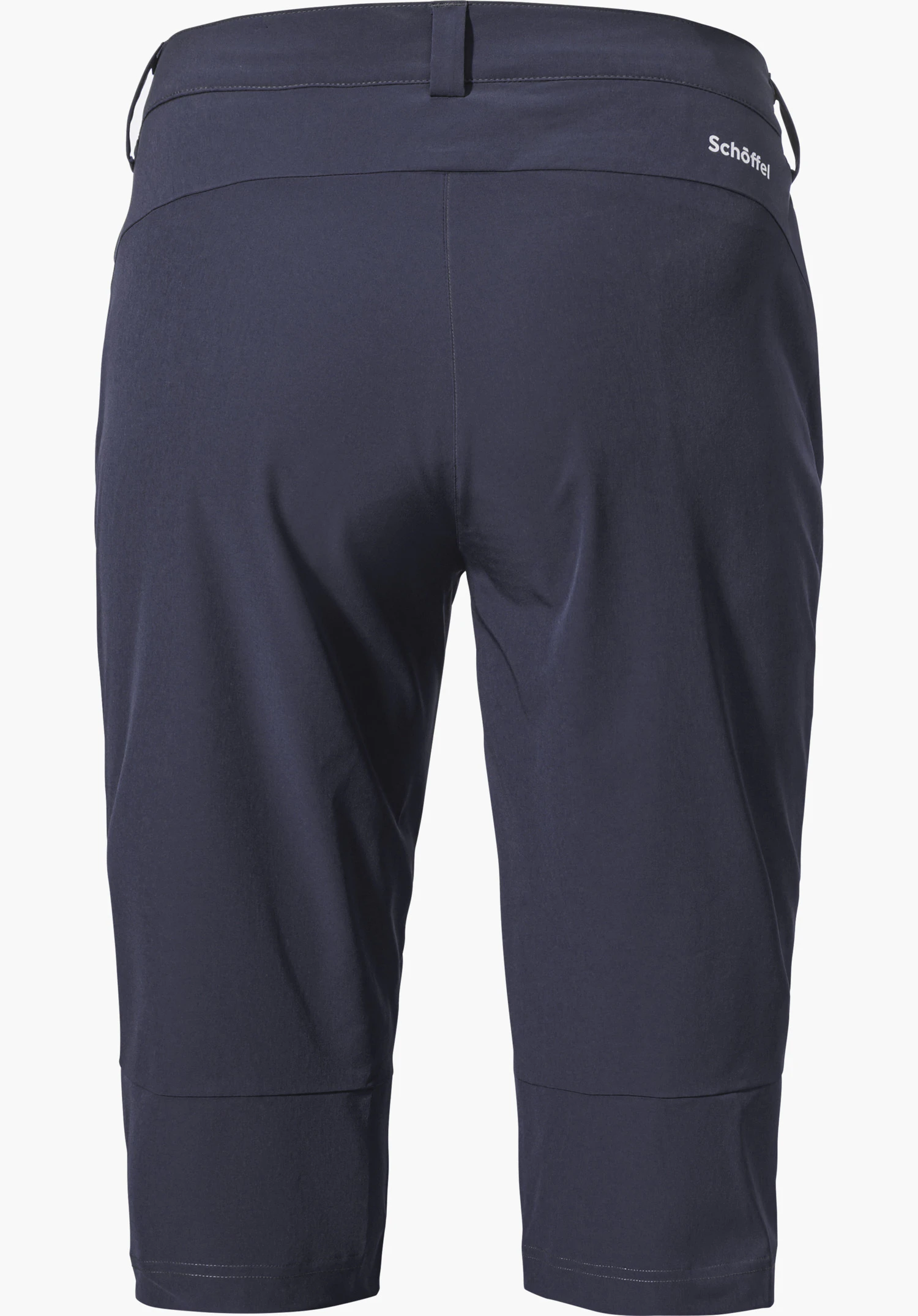 Capri Pants Style Keitele WMS in Blau zeigt die Rückansicht mit Gürtelschlaufen und dem Schöffel-Logo auf der rechten Seite, freigestellt vor weißem Hintergrund.