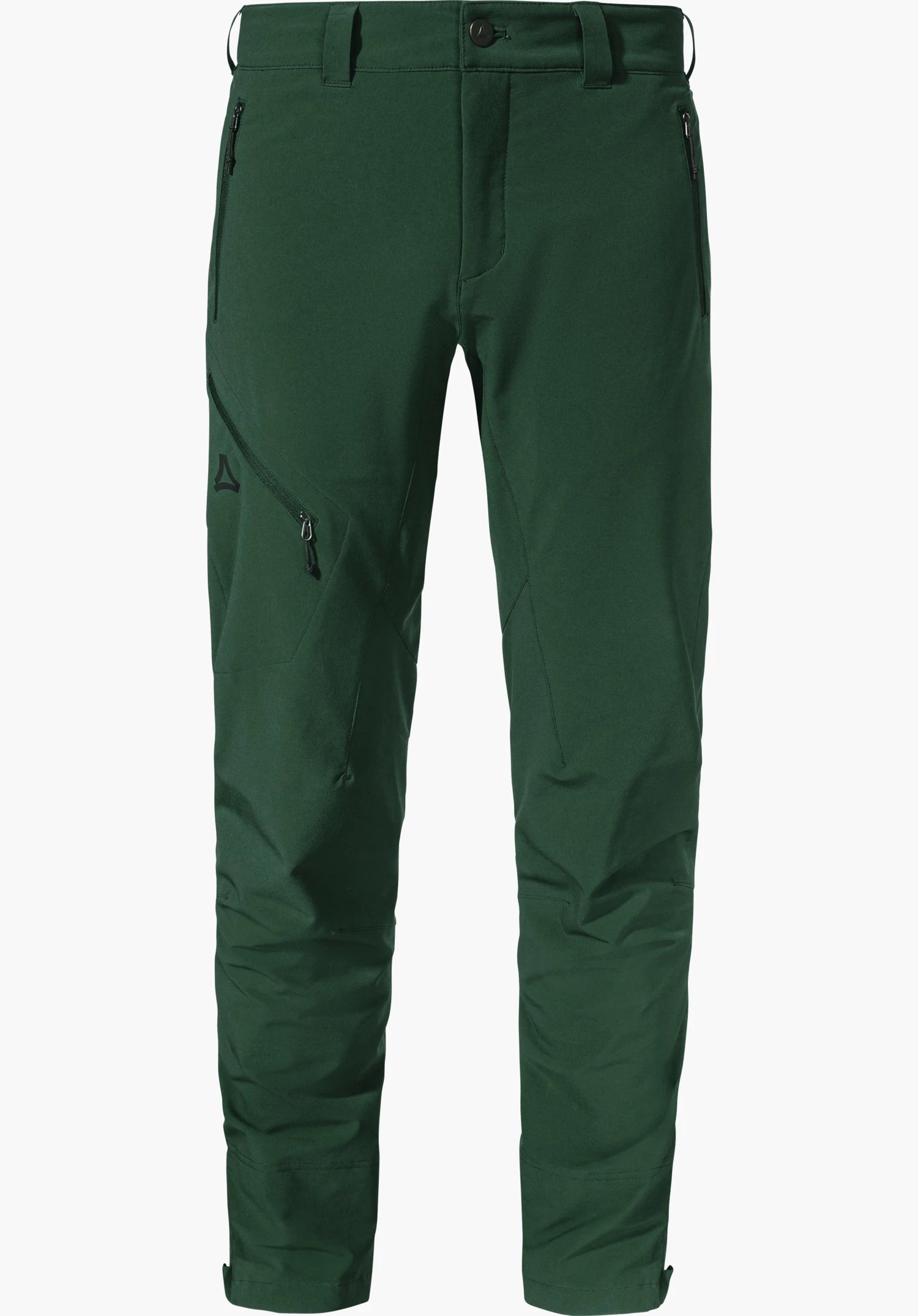 Pants Style Cascata MNS dark green hiking trousers, front view; side zip pockets and diagonal thigh pocket; Schöffel logo on the left thigh; white background.