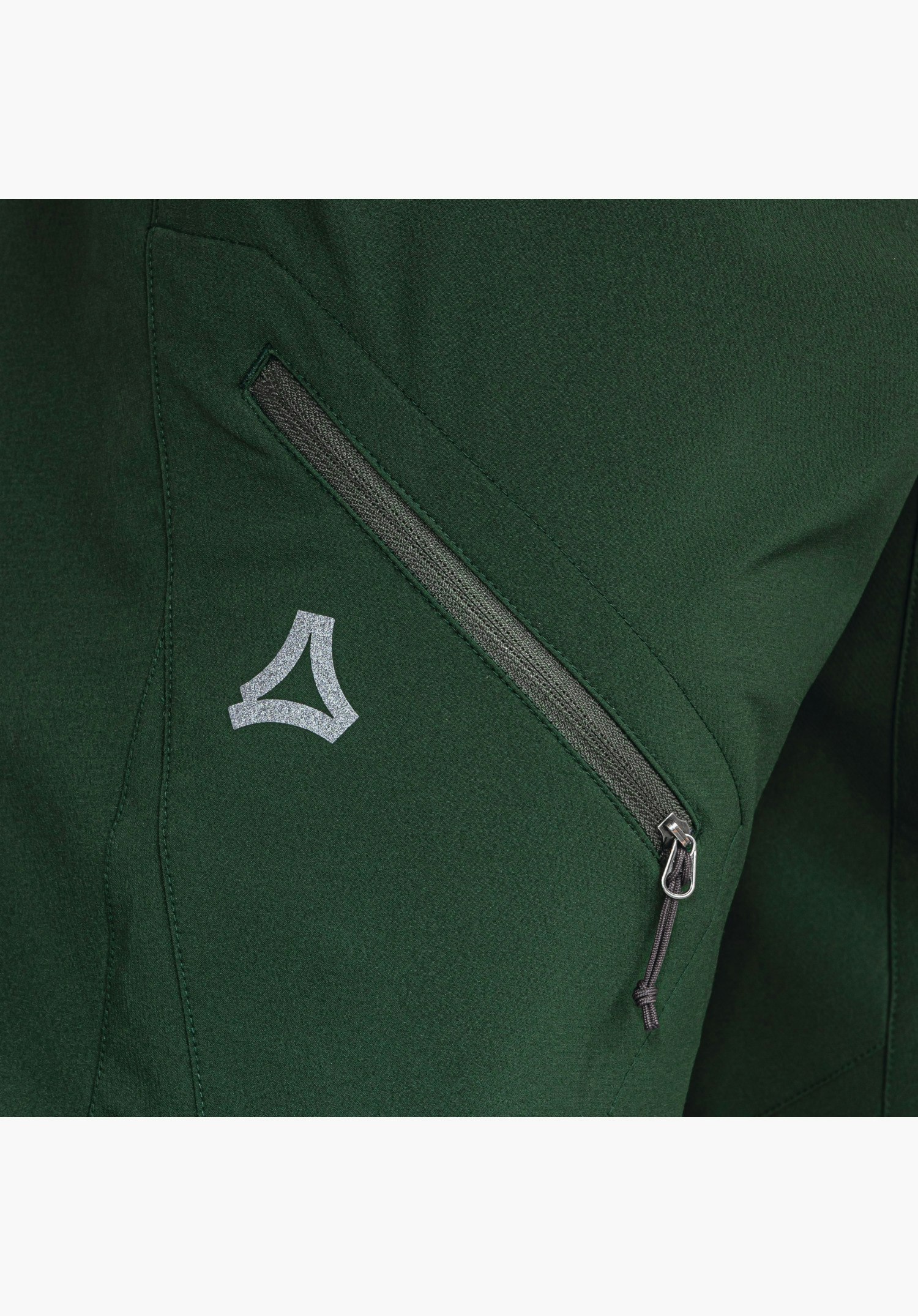 Pants Style Cascata MNS shows a diagonal zip pocket and the subtle Schöffel logo on the green technical fabric. Close-up against a white/neutral background.