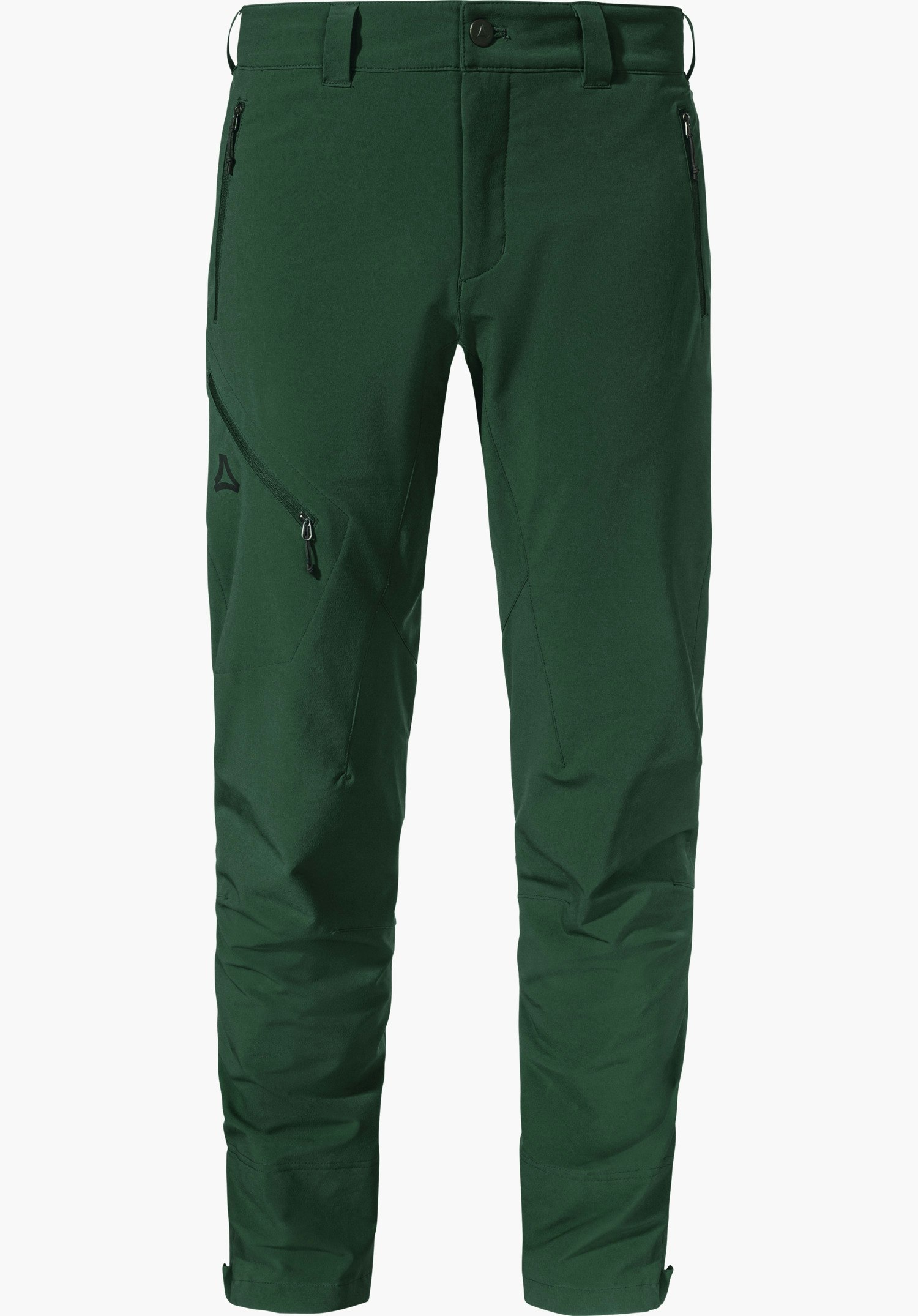 Pants Style Cascata MNS dark green hiking trousers, front view; side zip pockets and diagonal thigh pocket; Schöffel logo on the left thigh; white background.