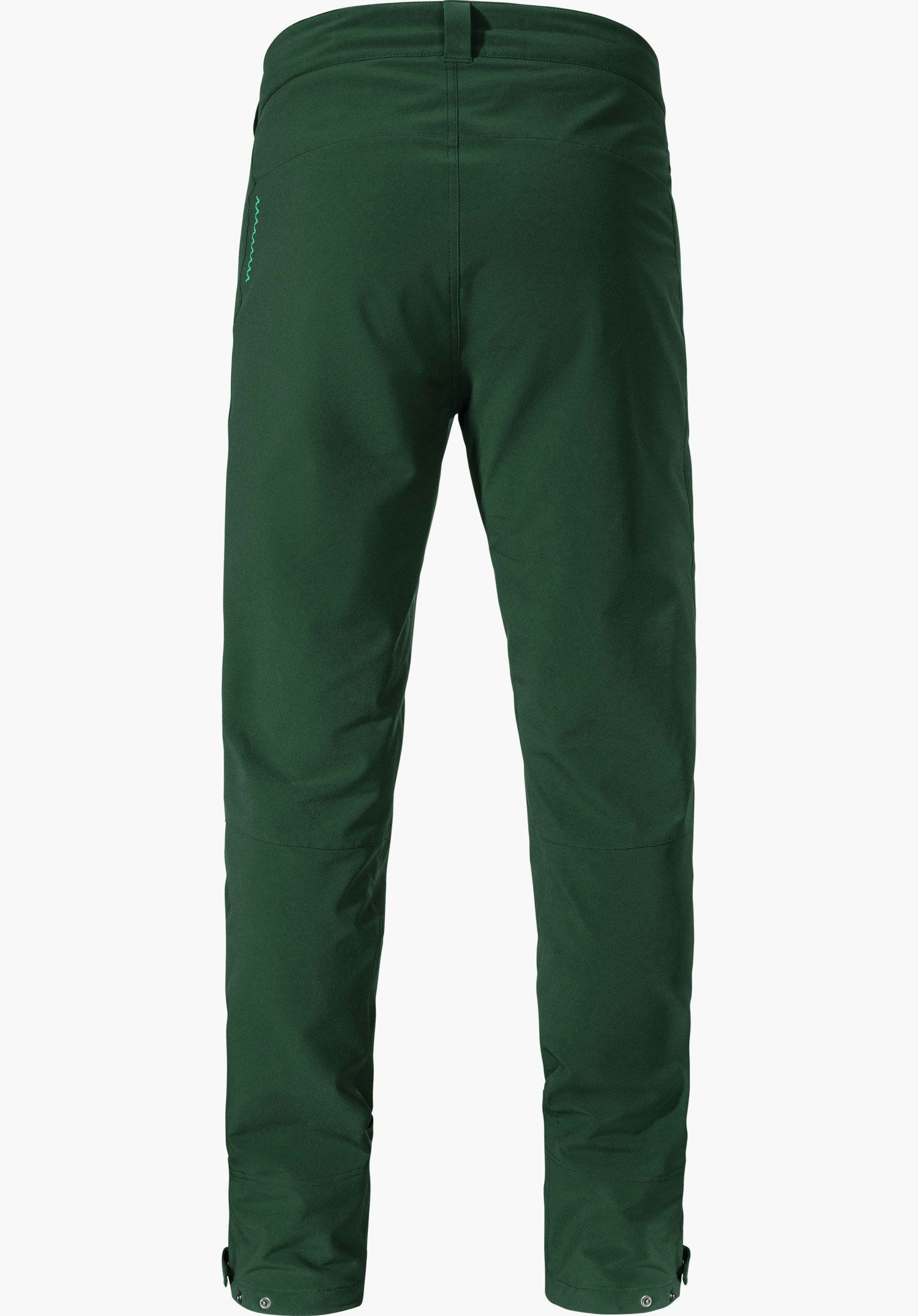 Pants Style Cascata MNS dark green hiking trousers, shown from the back; hanging straight, slim legs with adjustable leg hems, subtle turquoise decorative topstitch on the right pocket, neutral white background.