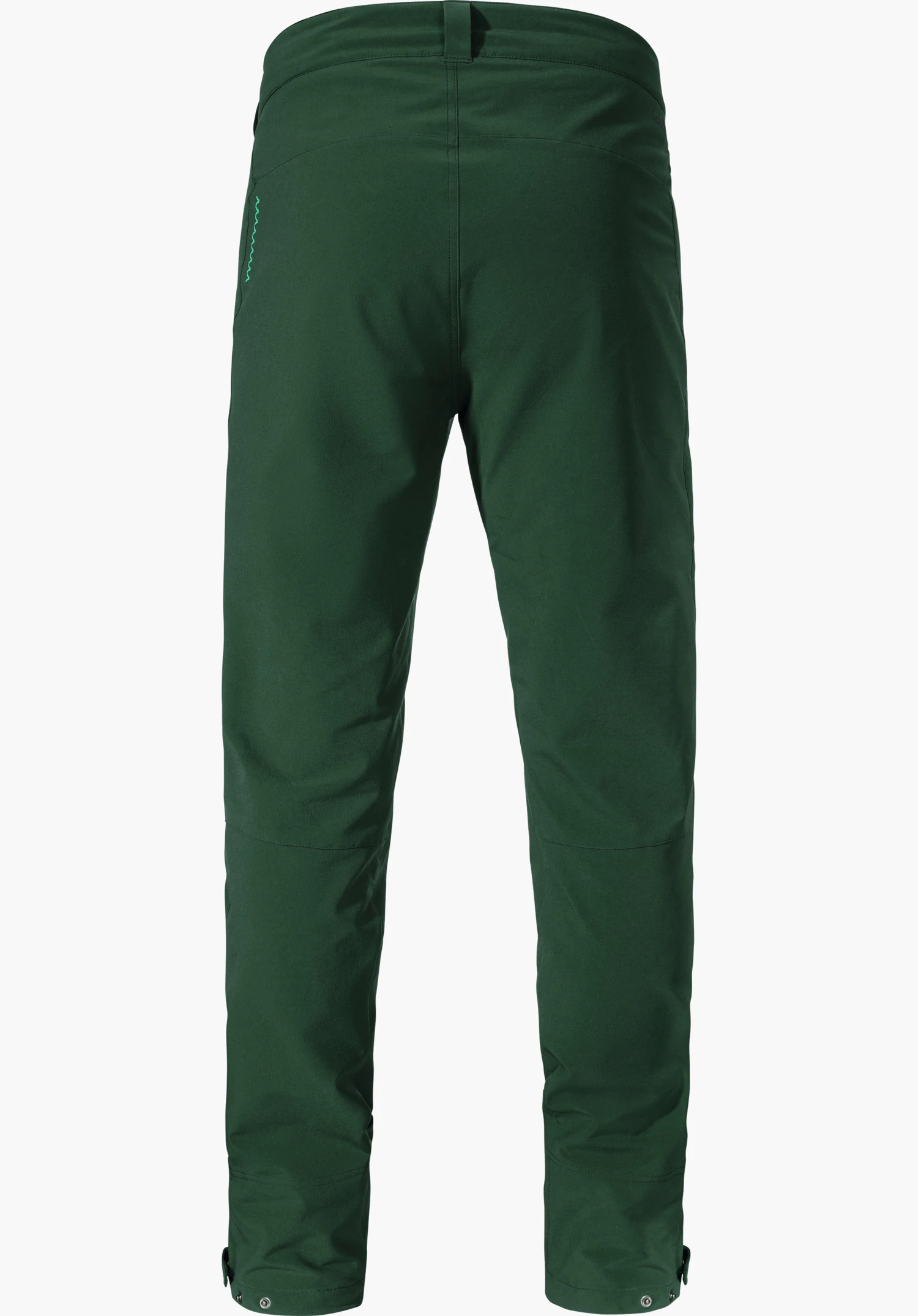 Pants Style Cascata MNS dark green hiking trousers, shown from the back; hanging straight, slim legs with adjustable leg hems, subtle turquoise decorative topstitch on the right pocket, neutral white background.