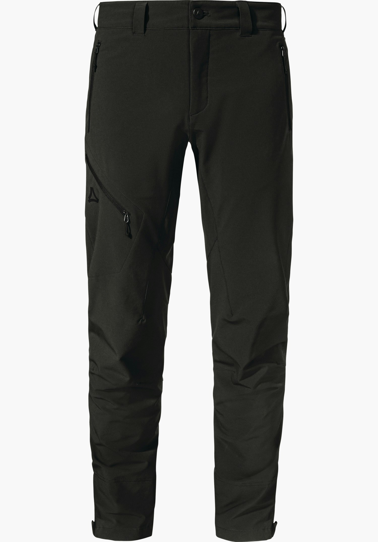 Pants Style Cascata MNS Schwarze Wanderhose, frontal präsentiert, mit seitlichen Reißverschlusstaschen, geformten Kniepartien und Schöffel-Logo auf linkem Oberschenkel vor weißem Hintergrund.