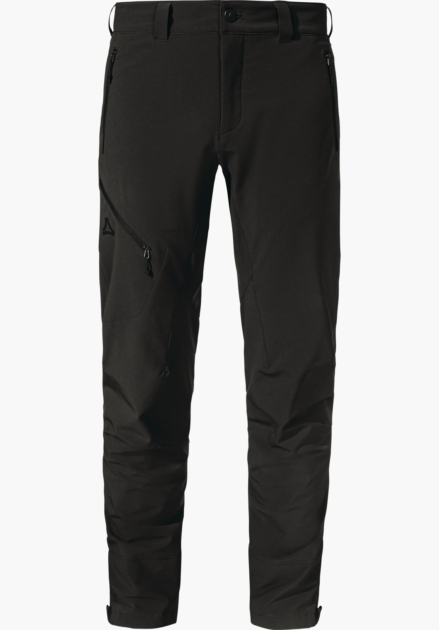 Pants Style Cascata MNS black hiking trousers, front view, with side zip pockets, shaped knee panels and Schöffel logo on the left thigh; white background.