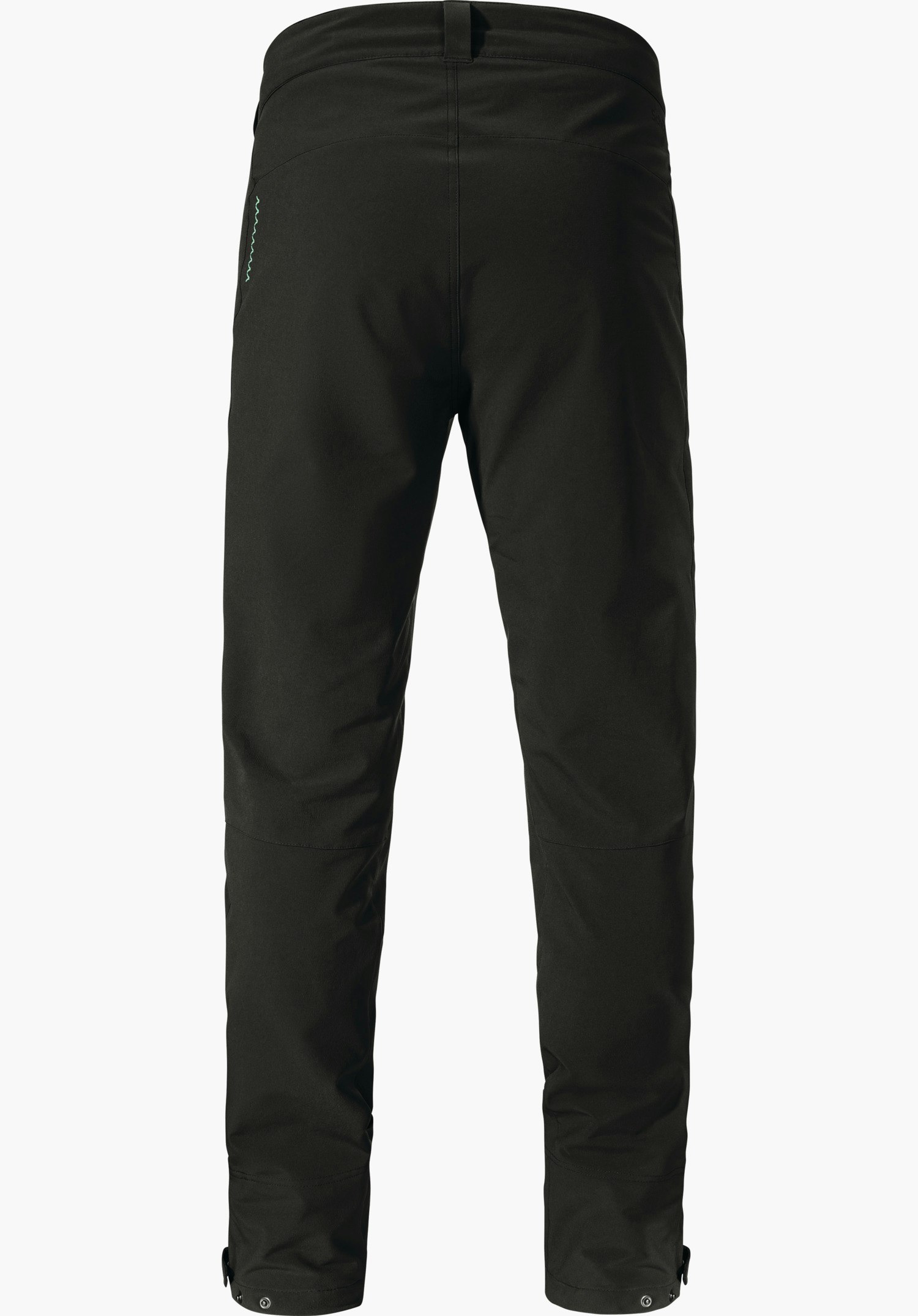 Pants Style Cascata MNS schwarze Outdoor-Hose, von hinten dargestellt, mit geradem Schnitt, Beinriegeln am Saum und hellgrüner Ziernaht an linker Hüfte; freigestellt vor weißem Hintergrund.