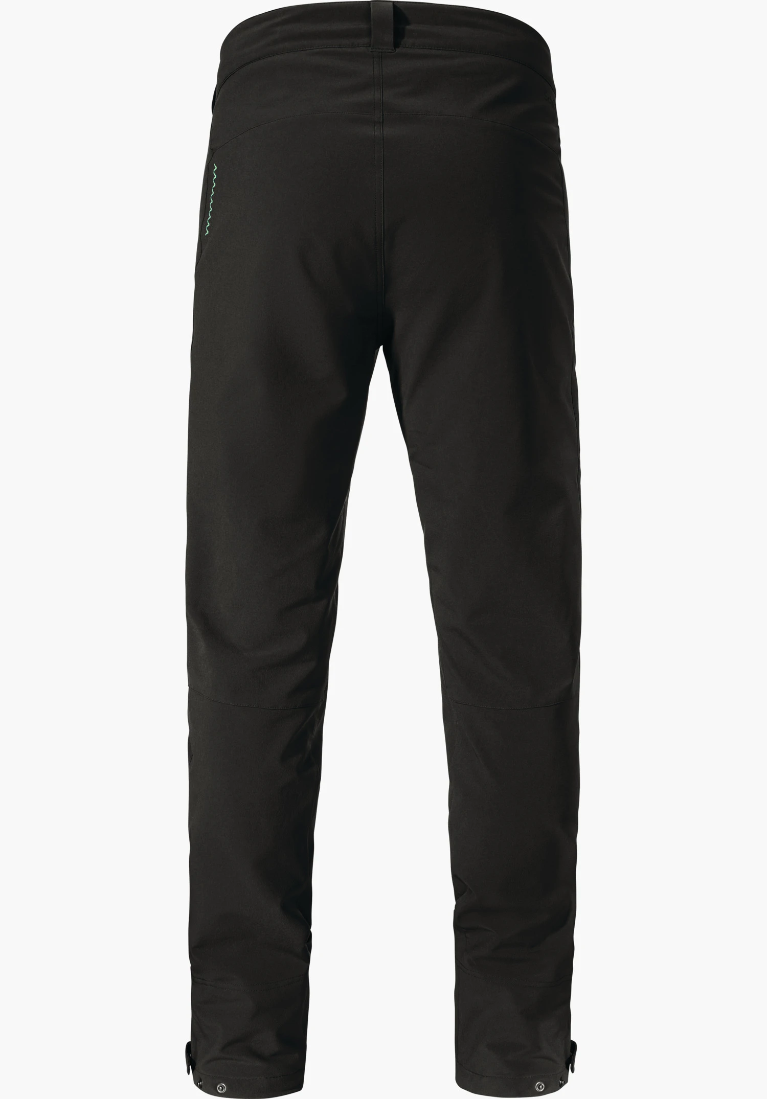 Pants Style Cascata MNS black outdoor trousers, shown from the back, with a straight cut, hem tabs and light green decorative stitching on the left hip; freestanding against a white background.