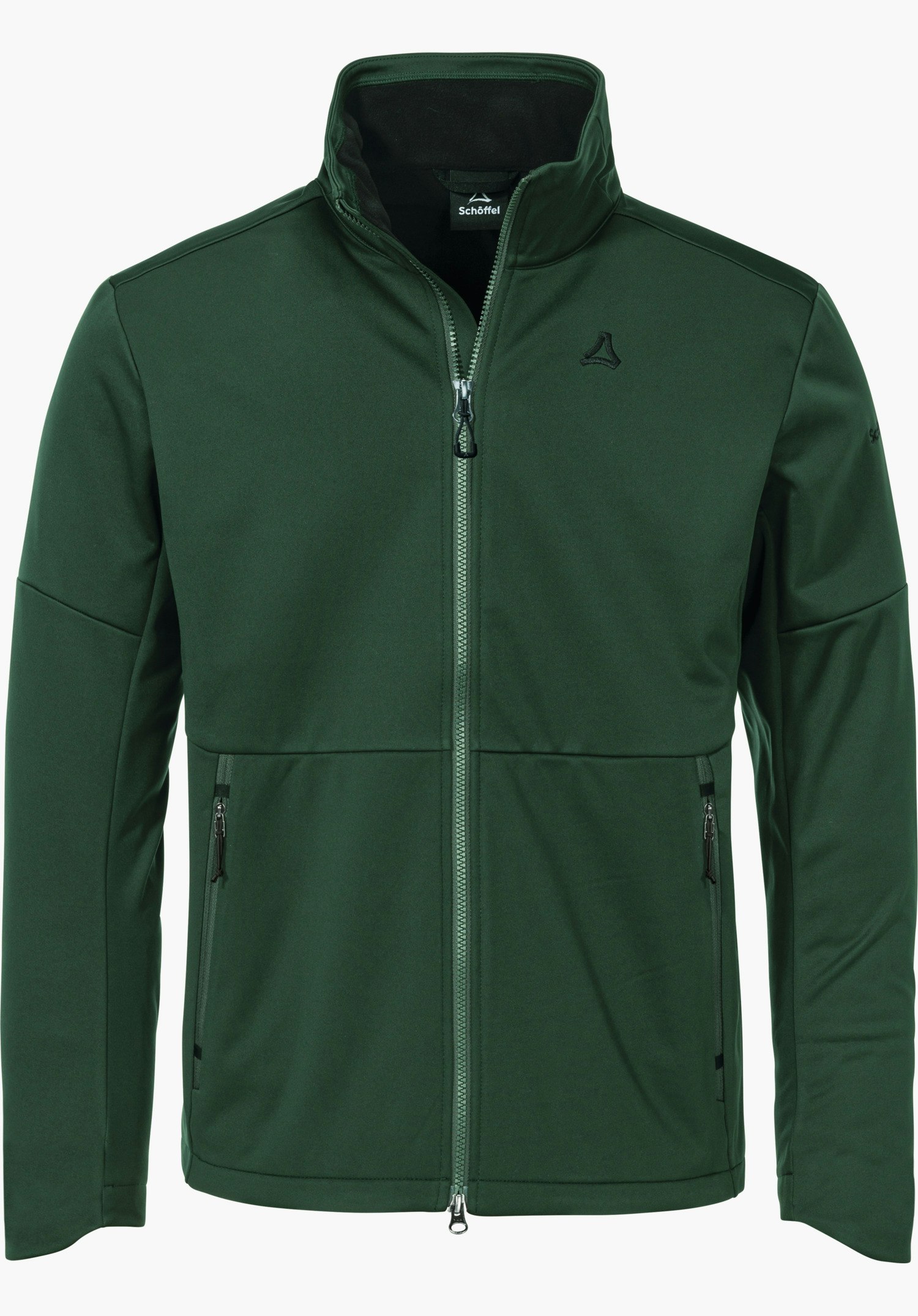 Softshell Jk Style Fracon MNS Dunkelgrüne Softshelljacke, mit geschlossenem Frontreißverschluss, Schöffel-Logo auf linker Brust (dreieckig); Schriftzug: "Schöffel" auf Innenetikett; vor weißem Hintergrund.