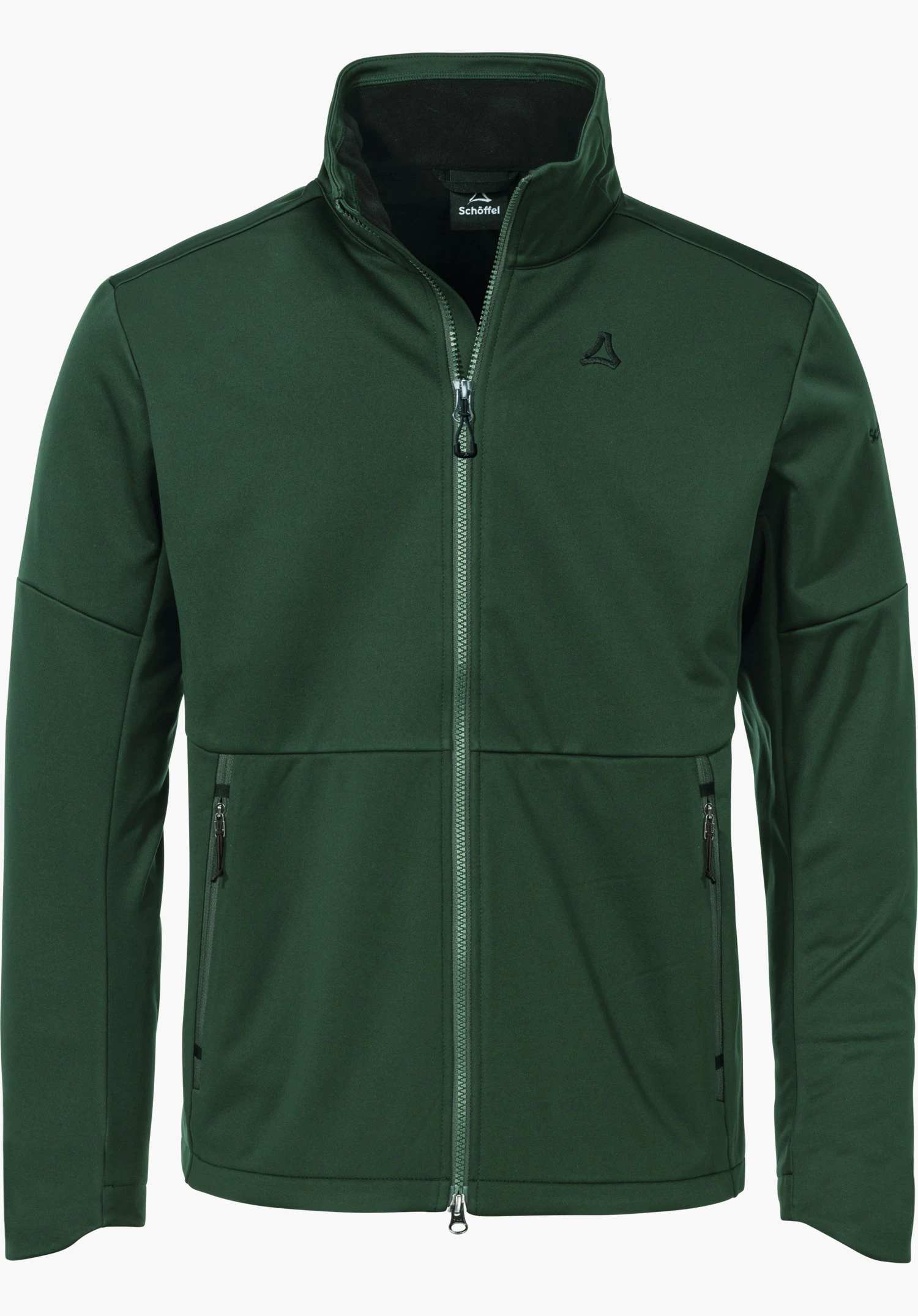 Softshell Jk Style Fracon MNS dark green softshell jacket with closed front zip; Schöffel logo on the left chest (triangular); label text: “Schöffel” on the inner tag; white background.