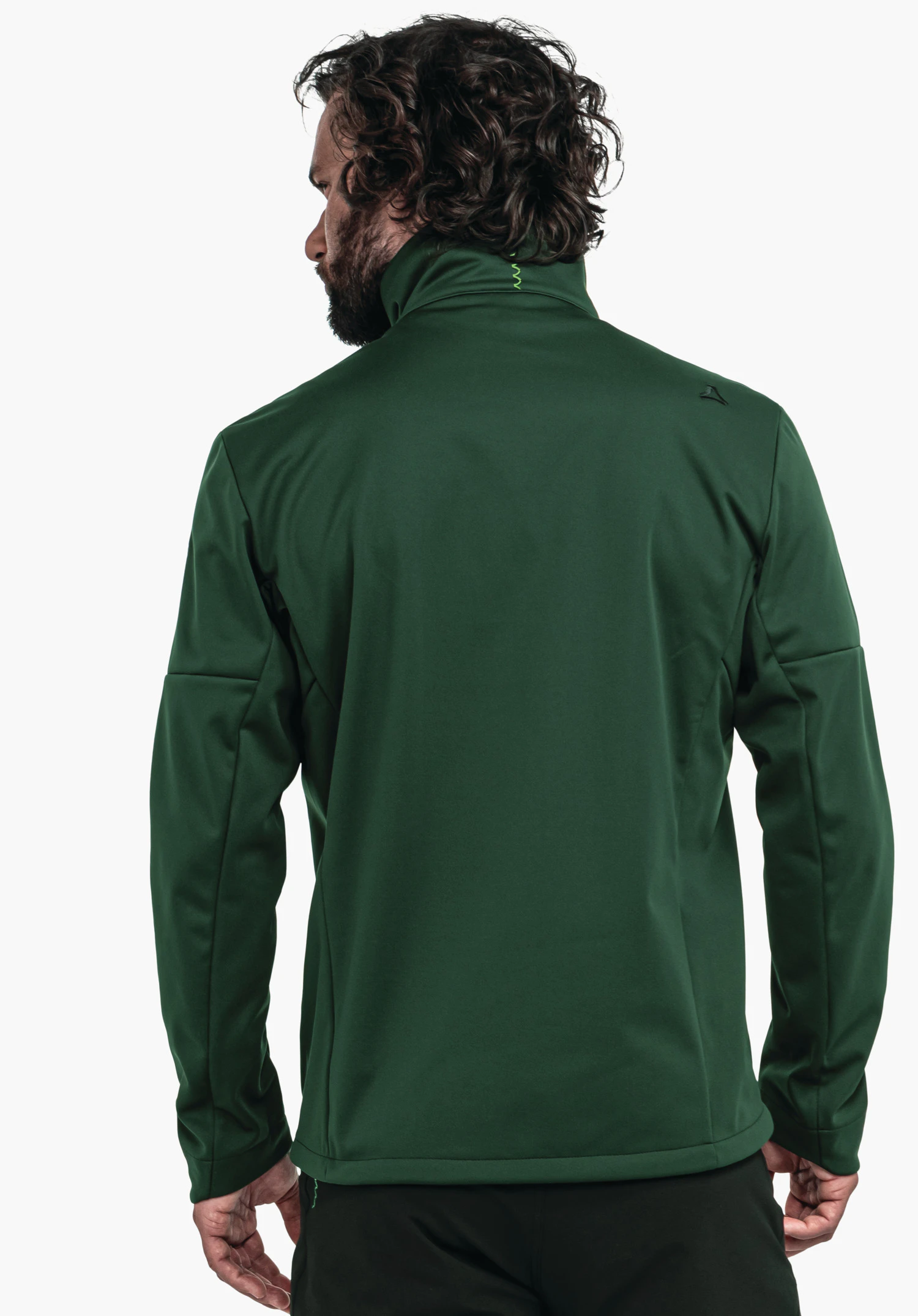 Softshell Jk Style Fracon MNS dark green jacket worn by a man standing with his back to the viewer; Schöffel logo on the right shoulder; neutral white studio background., Softshell Jk Style Fracon MNS dark green jacket worn by a man standing with his back to the viewer; Schöffel logo on the right shoulder; neutral white studio background.