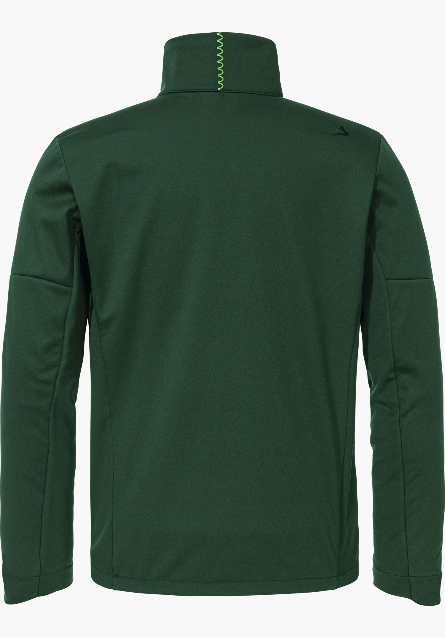 Softshell Jk Style Fracon MNS dunkelgrüne Softshelljacke, Rückansicht; steht ruhig, hoher Kragen mit hellgrüner Ziernaht, lange Ärmel, kleines Schöffel-Logo auf rechter Schulter, neutraler weißer Hintergrund.