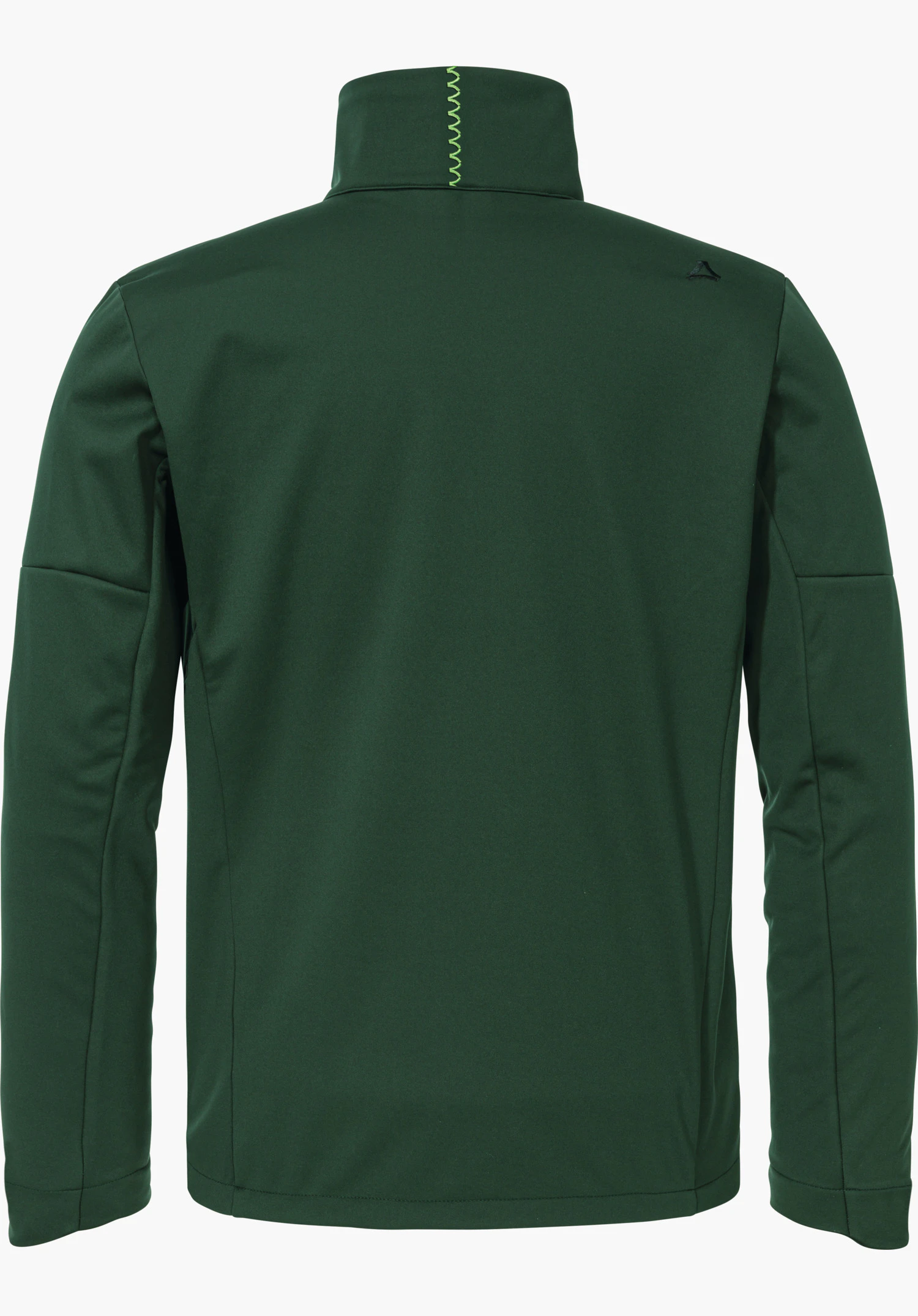 Softshell Jk Style Fracon MNS dark green softshell jacket, rear view; standing still, high collar with light green decorative stitching, long sleeves, small Schöffel logo on the right shoulder, neutral white background.