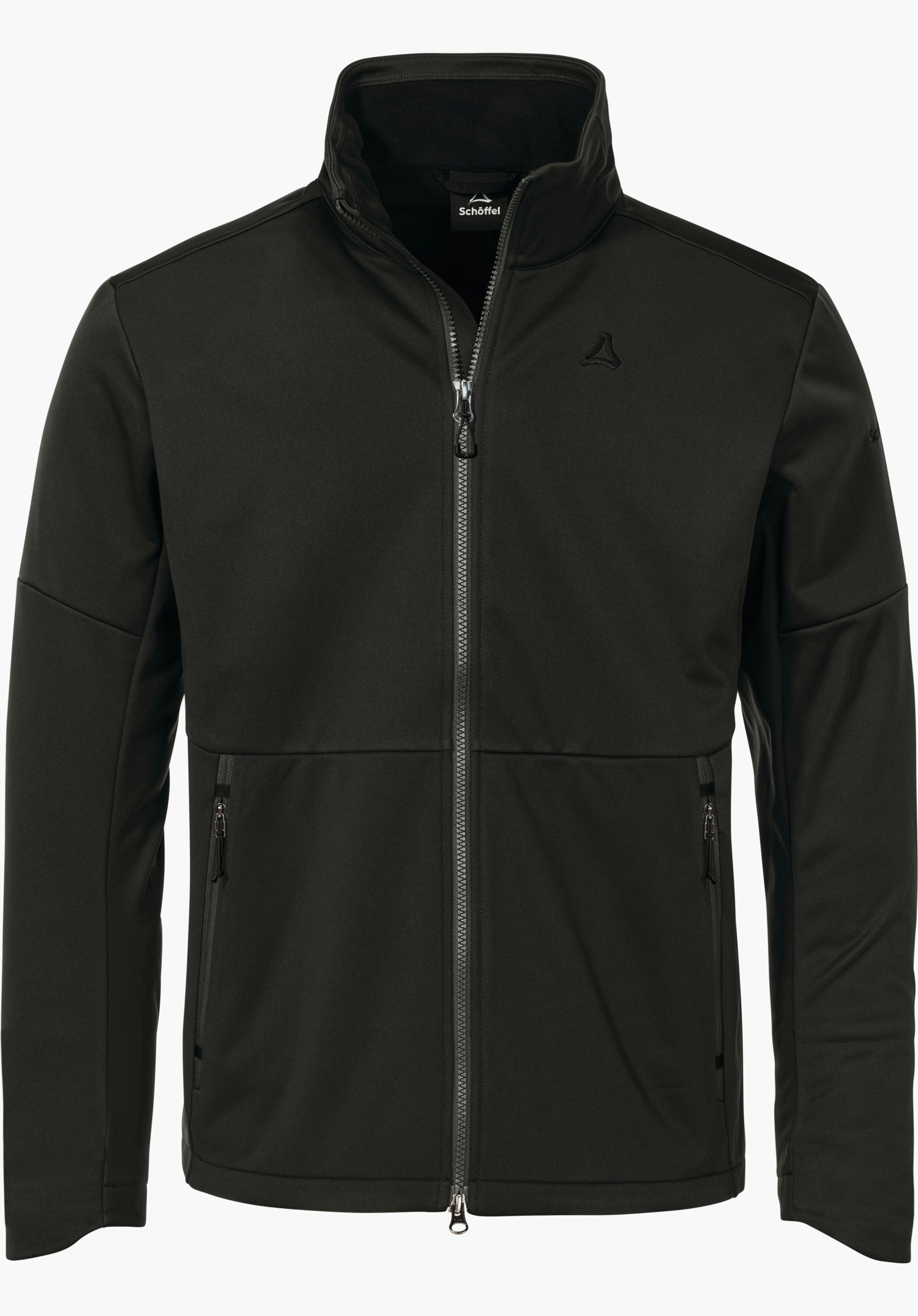 Softshell Jk Style Fracon MNS Schwarze Softshelljacke, frontal präsentiert; Reißverschluss geschlossen; Schöffel-Logo auf linker Brust; Innenetikett mit Schrift "Schöffel" sichtbar; neutraler weißer Hintergrund.