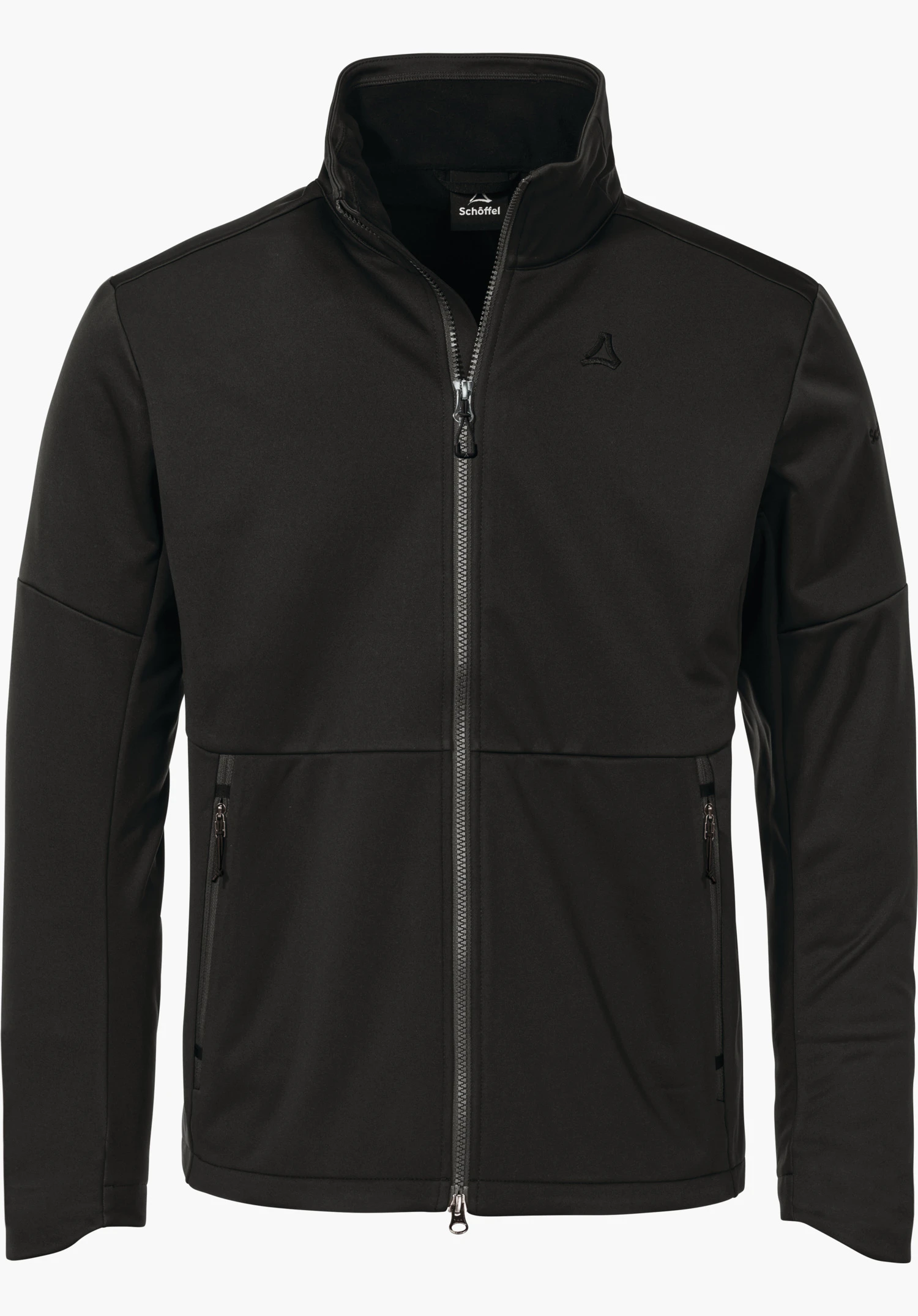 Softshell Jk Style Fracon MNS black softshell jacket, front view; zip closed; Schöffel logo on the left chest; inner label with “Schöffel” lettering visible; neutral white background.
