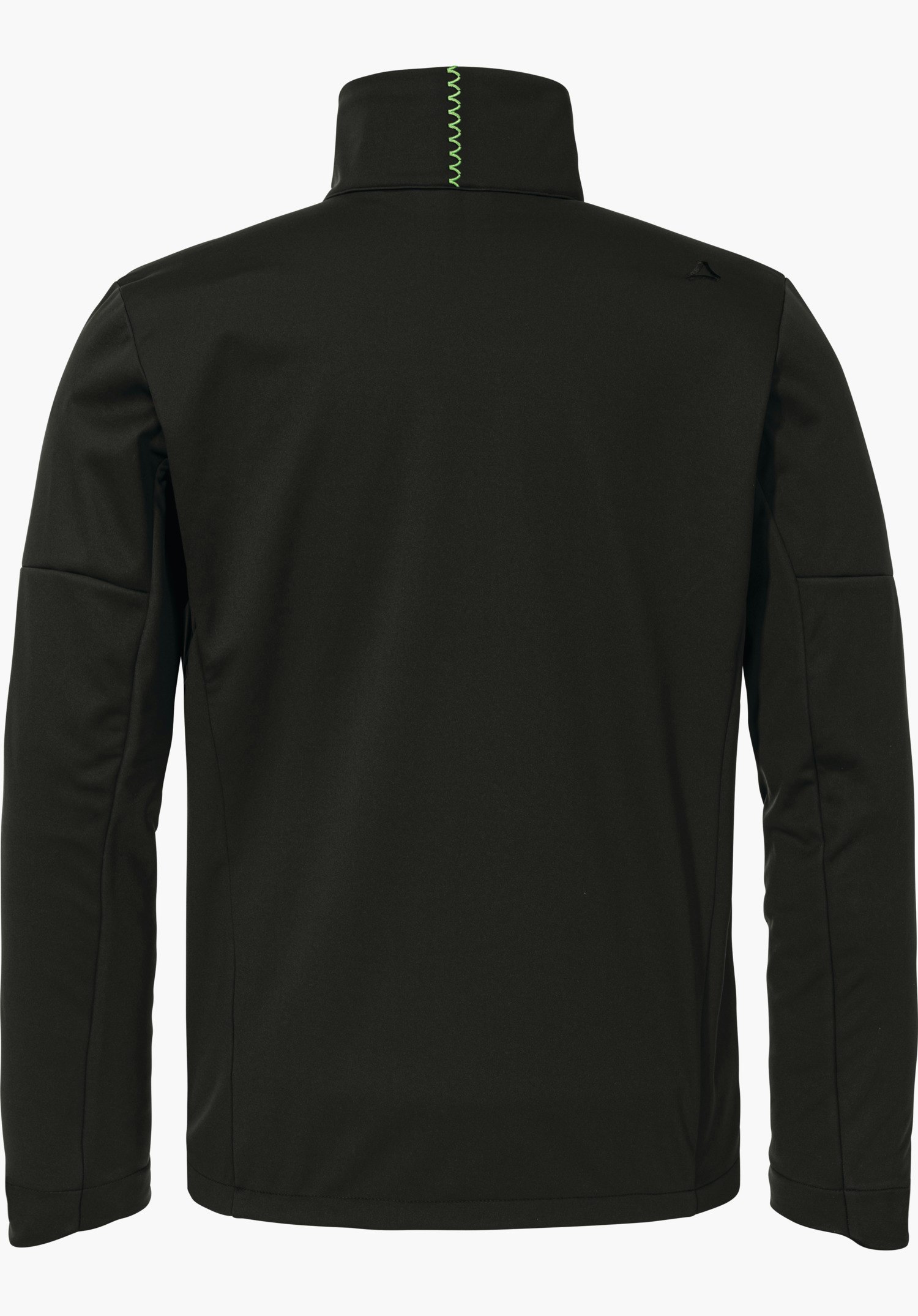 Softshell Jk Style Fracon MNS schwarze Jacke, von hinten fotografiert; hellgrüne Zickzack-Naht am Kragen, Schöffel-Logo auf rechter Schulter; vor neutralem weißen Hintergrund.
