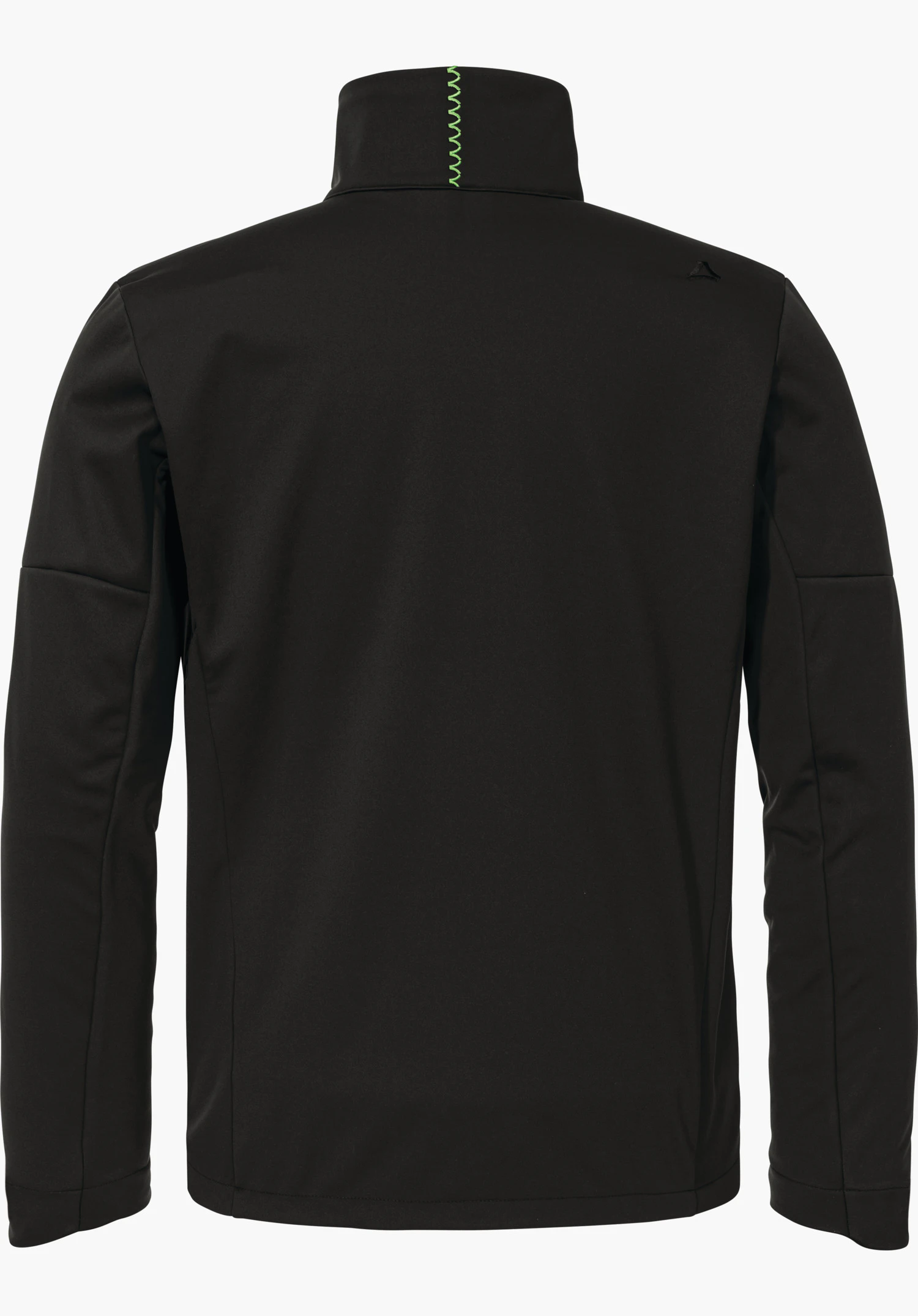 Softshell Jk Style Fracon MNS black jacket, photographed from the back; light green zigzag stitching at the collar, Schöffel logo on the right shoulder; neutral white background.