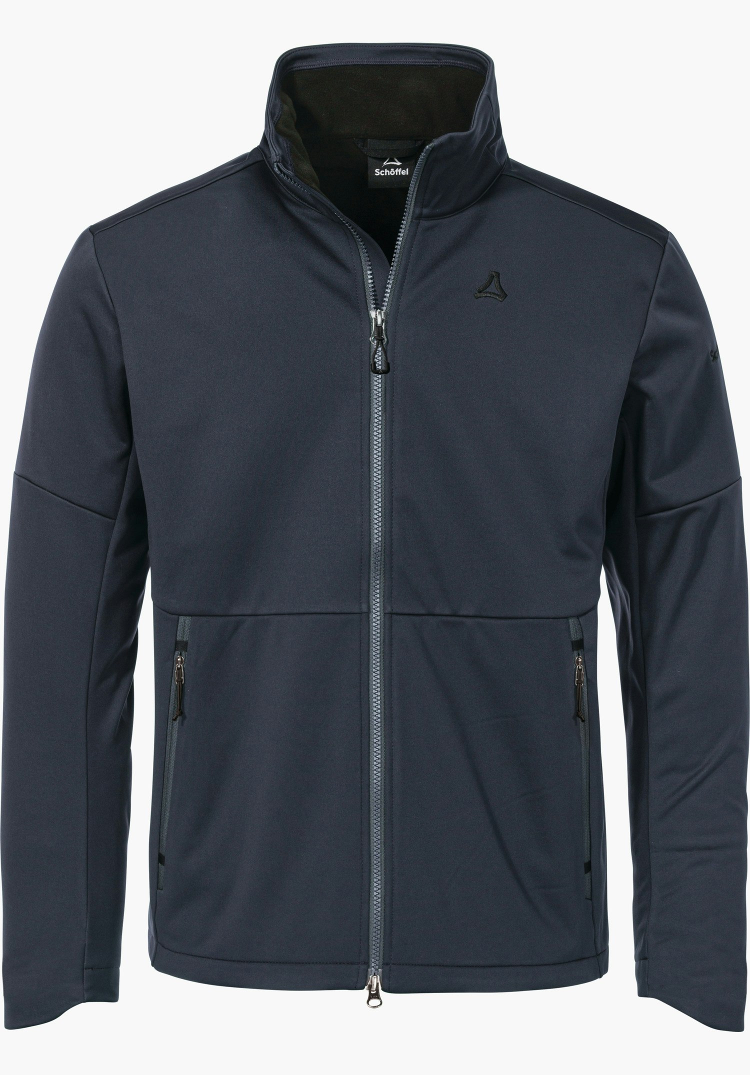 Softshell Jk Style Fracon MNS dark blue softshell jacket, front view, zipped up; Schöffel logo on the left chest; two zip pockets, stand-up collar; white background. Lettering: “Schöffel”.