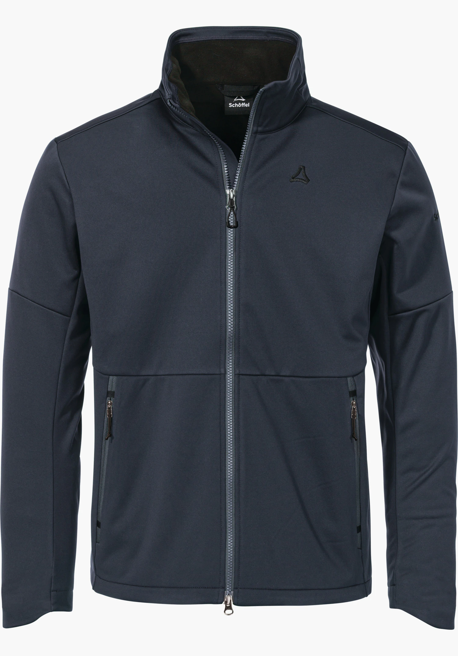 Softshell Jk Style Fracon MNS dark blue softshell jacket, front view, zipped up; Schöffel logo on the left chest; two zip pockets, stand-up collar; white background. Lettering: “Schöffel”.