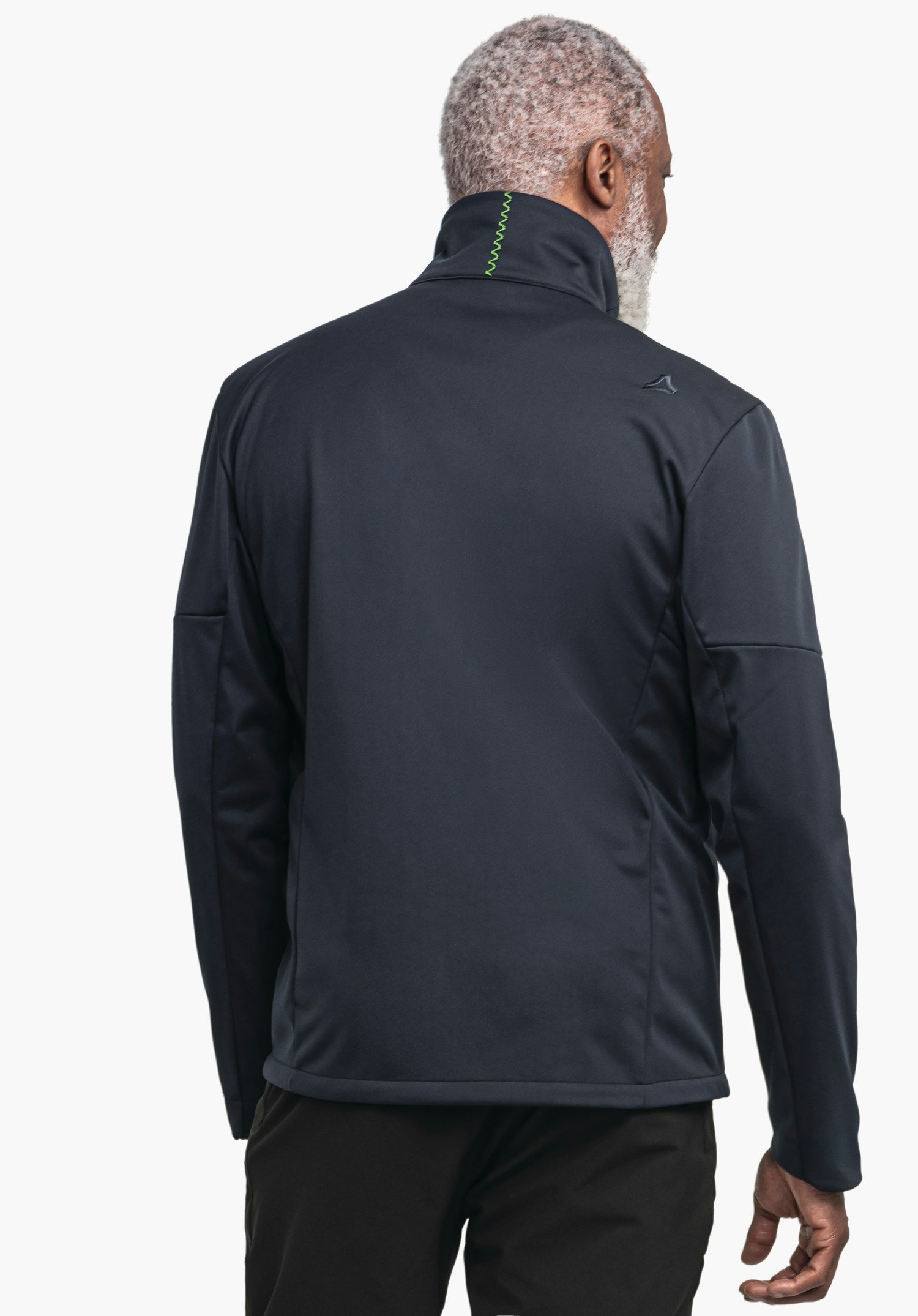 Softshell Jk Style Fracon MNS dark blue jacket worn from the back by a man; Schöffel logo on the shoulder; high collar with light green zigzag stitching; white studio background.