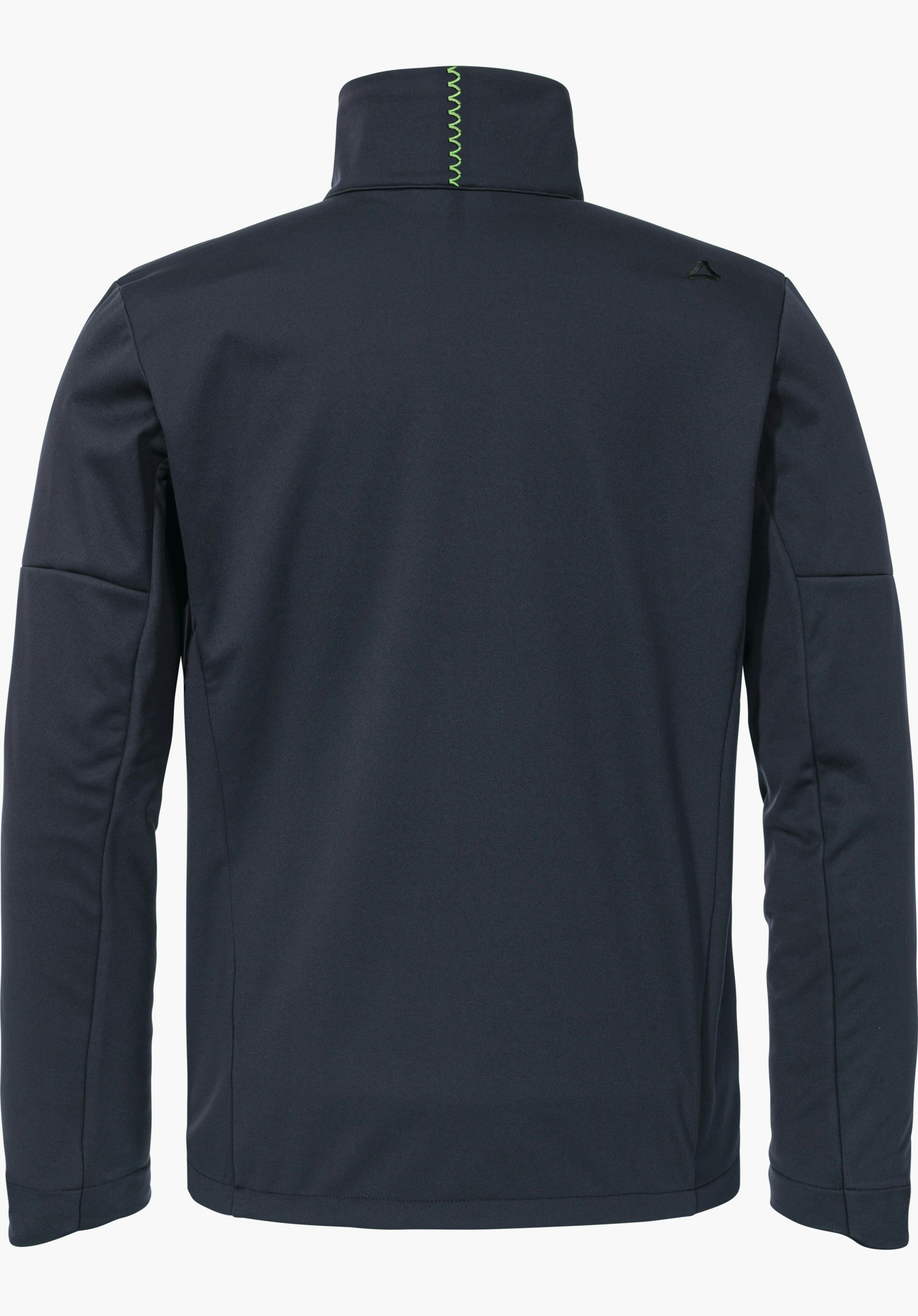 Softshell Jk Style Fracon MNS dark blue softshell jacket, showing the back; green zigzag stitching at the collar; Schöffel logo on the right shoulder; presented flat on a light background.