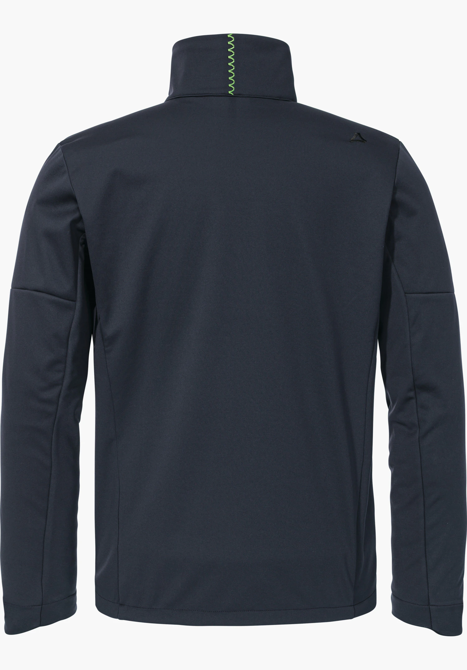 Softshell Jk Style Fracon MNS dark blue softshell jacket, showing the back; green zigzag stitching at the collar; Schöffel logo on the right shoulder; presented flat on a light background.