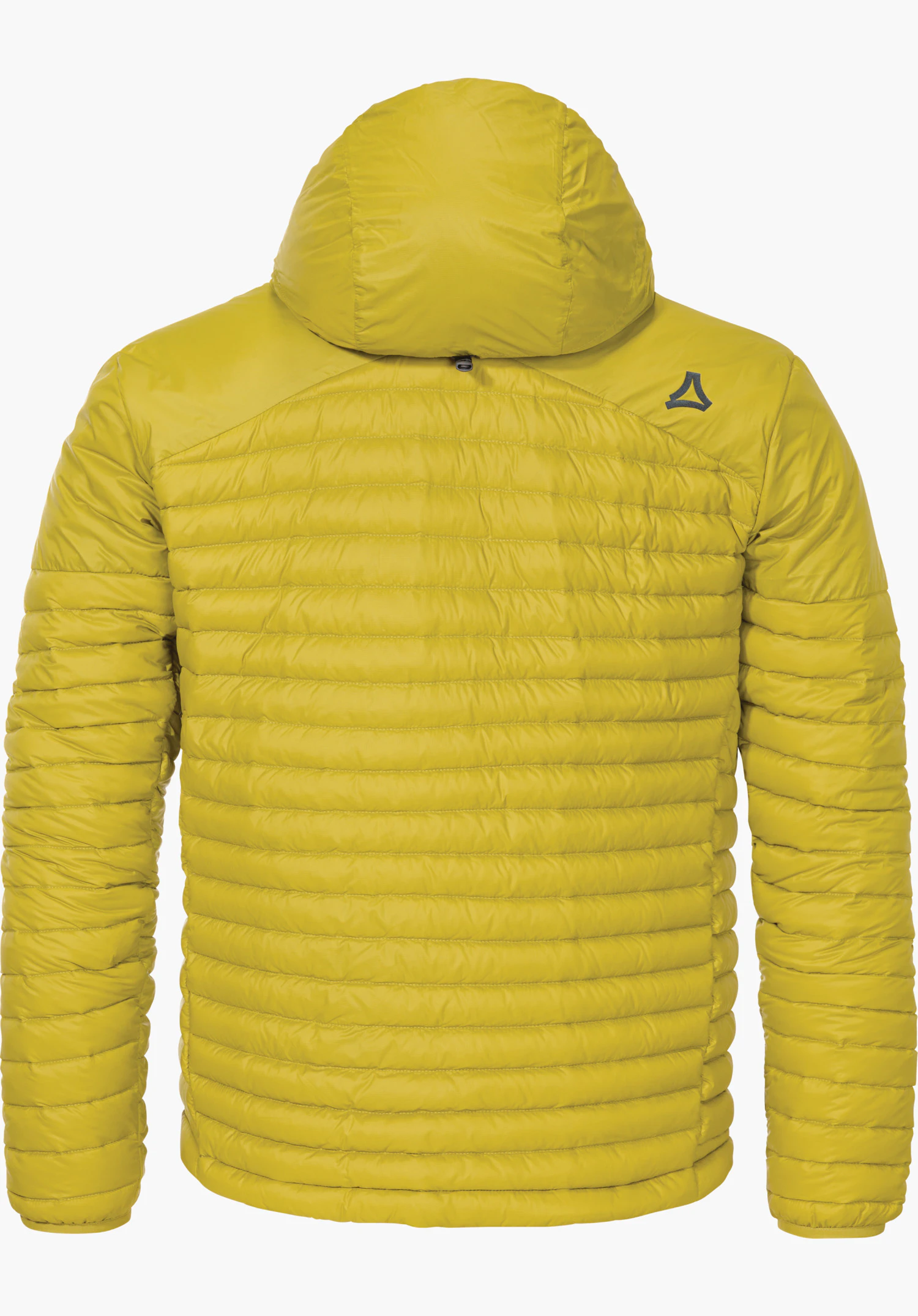 Down Jacket Style Cascata MNS doudoune jaune, vue arrière; matelassage léger, capuche en haut, veste présentée à plat; logo Schöffel en haut à droite sur l’épaule; fond blanc.