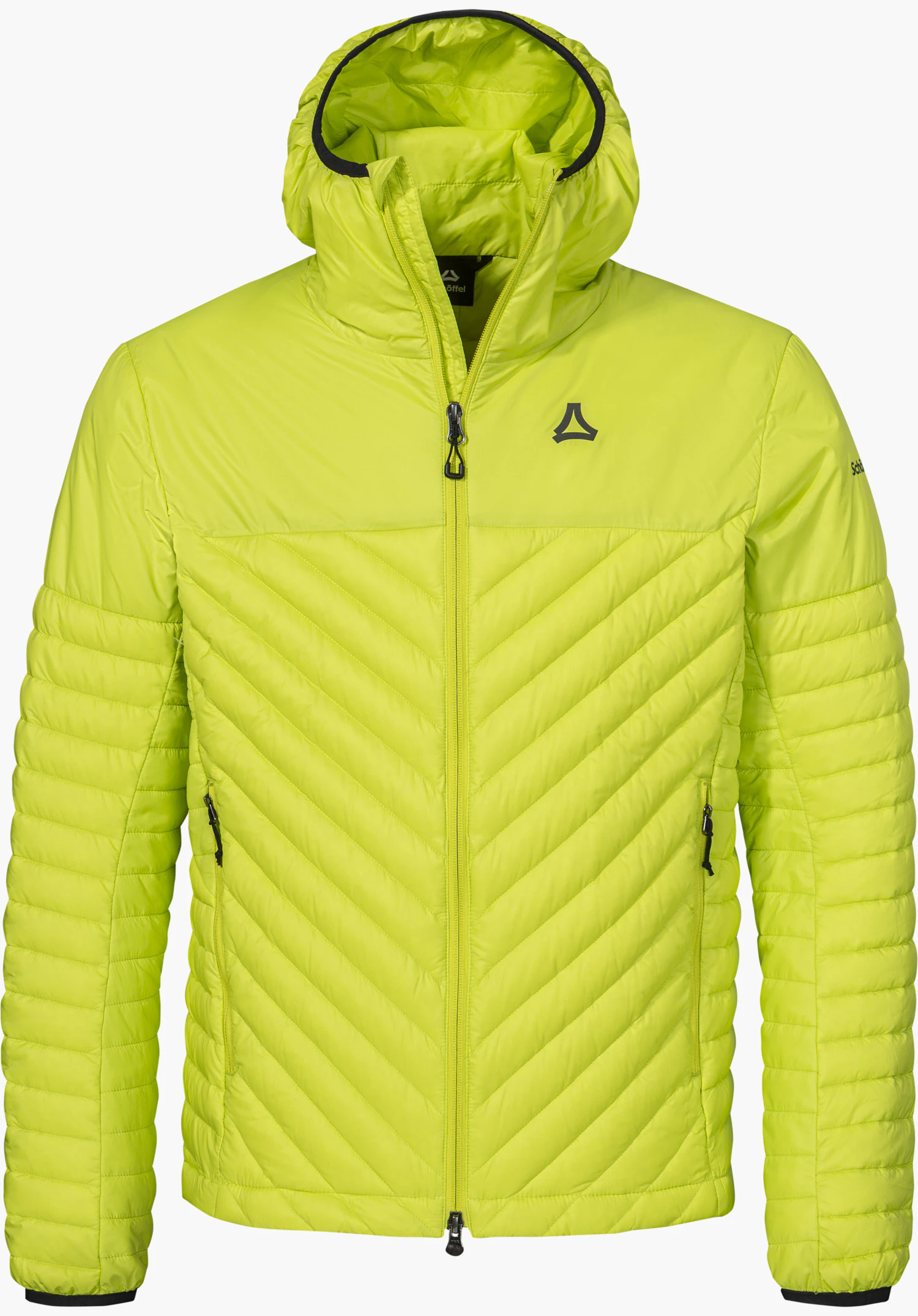 Down Jacket Style Cascata MNS in yellow with a hood, full-length zipper and black Schöffel logo on the chest, isolated on a white background.