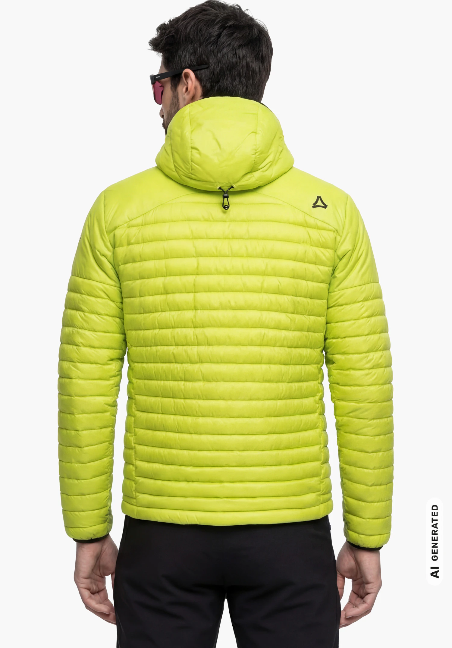 Down Jacket Style Cascata MNS in yellow with hood and black Schöffel logo on the right shoulder, worn by a male model shown from the back with arms hanging down against a white background. (AI-generated)