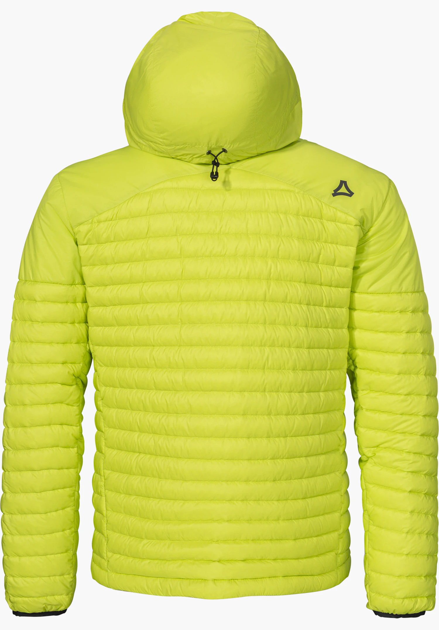 Down Jacket Style Cascata MNS in yellow, shown from the back with a hood and black Schöffel logo on the right shoulder, isolated on a white background.