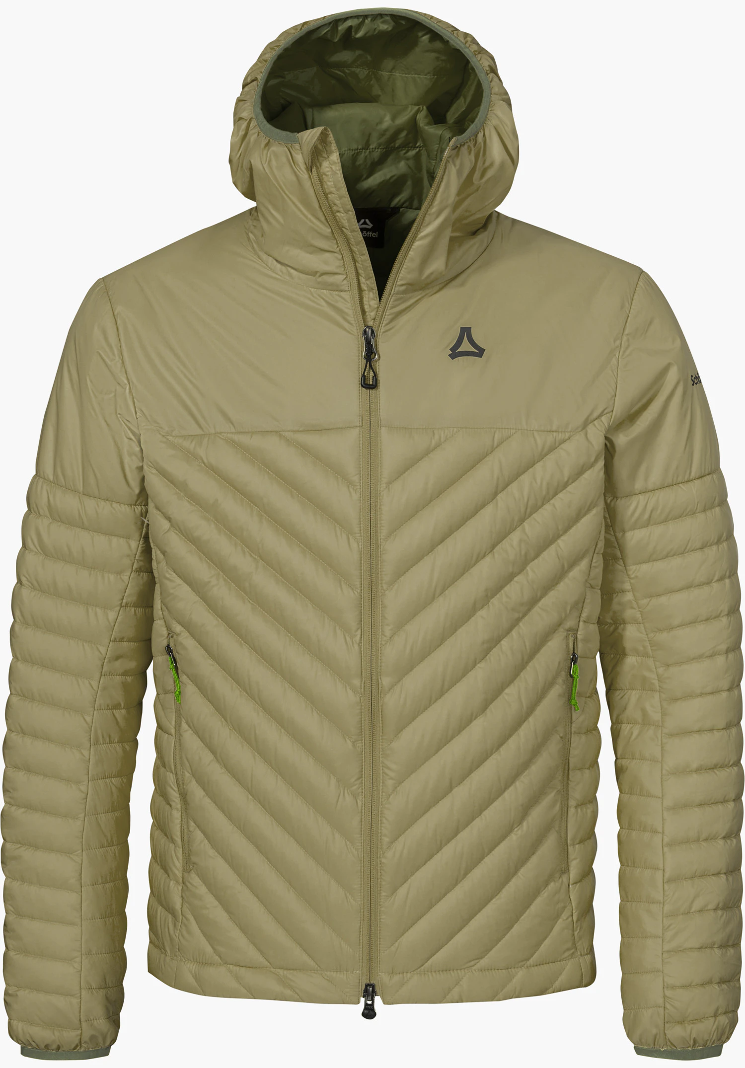 Down Jacket Style Cascata MNS in green with a hood, full-length zipper, visible Schöffel logo on the chest and side pockets, isolated on a white background.