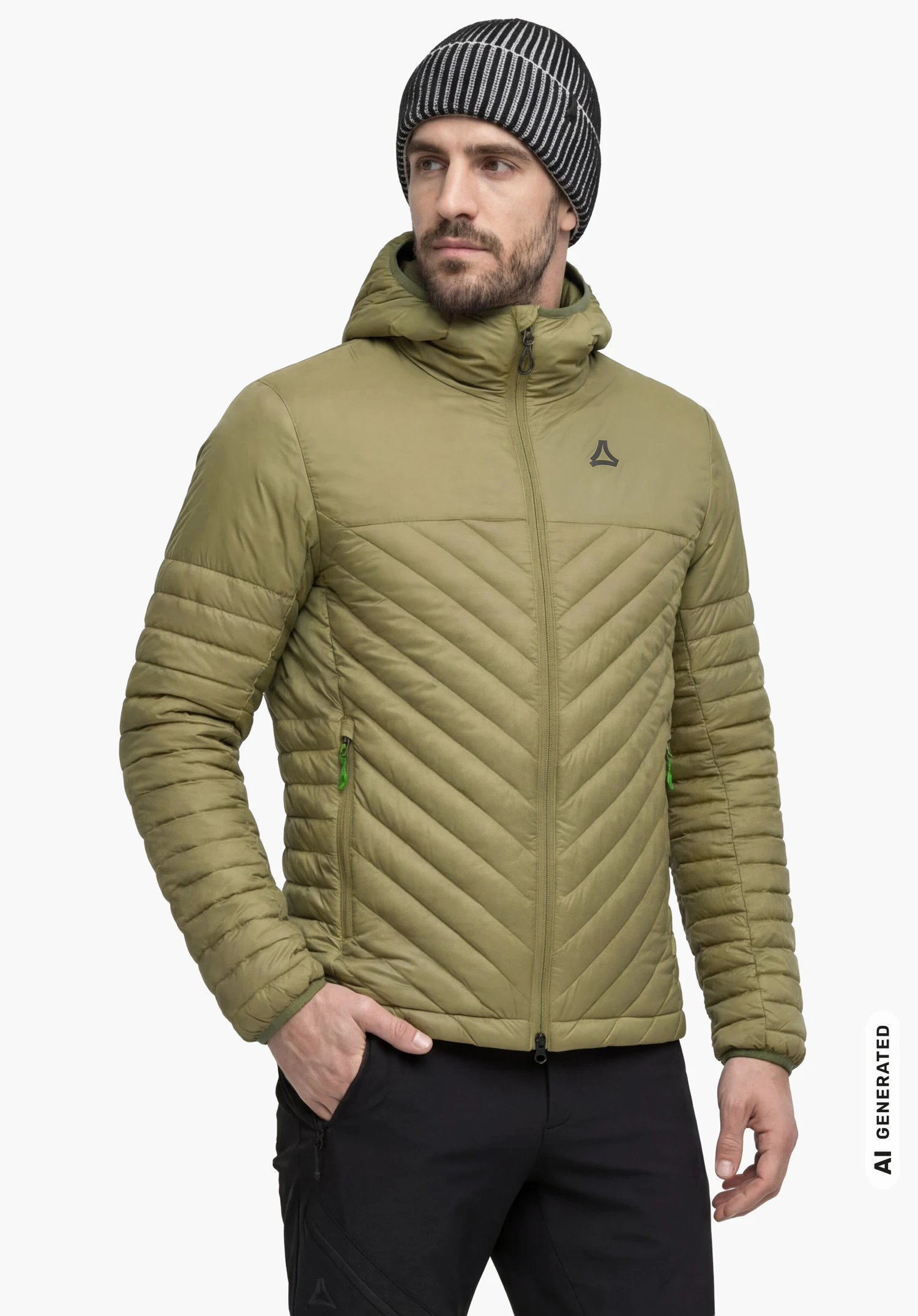Down Jacket Style Cascata MNS in green with visible Schöffel logo on the chest, worn by a male model wearing a beanie with his right hand in his trouser pocket, shown from the front against a white background. (AI-generated)