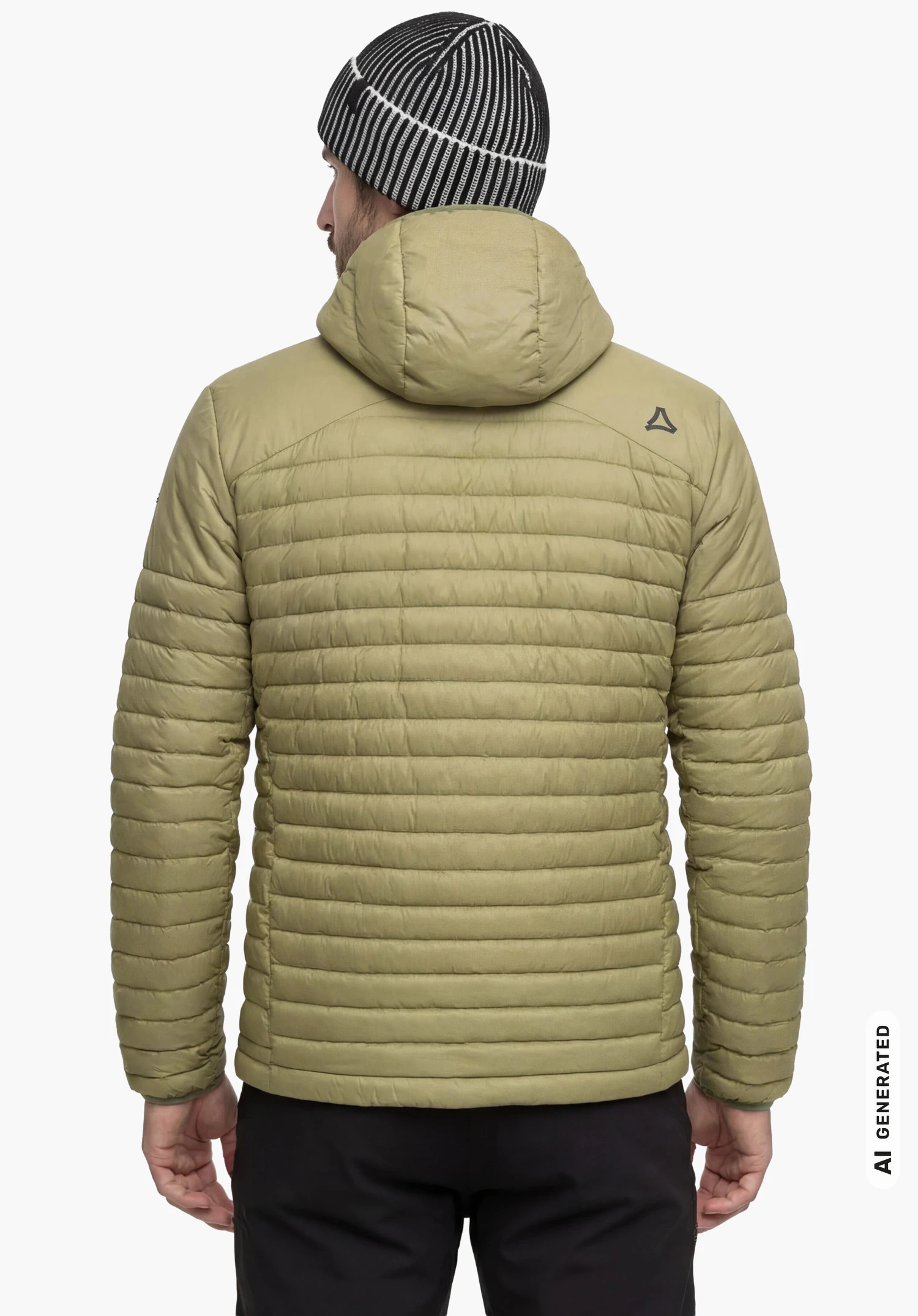 Down Jacket Style Cascata MNS in green with hood up and visible Schöffel logo on the right shoulder, worn by a male model shown from the back with arms hanging down against a white background. (AI-generated)