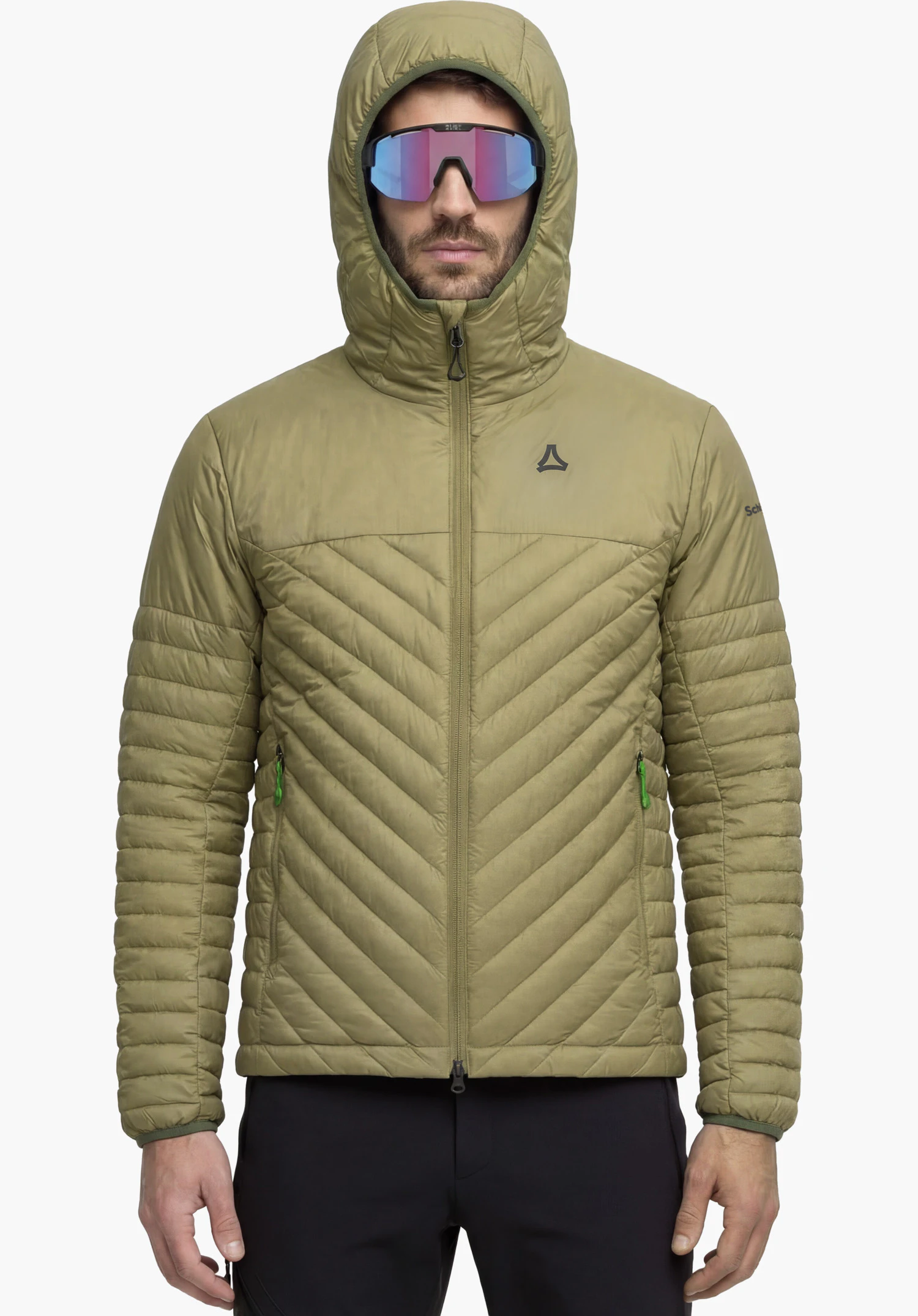 Down Jacket Style Cascata MNS in green showing the Schöffel logo on the chest, characteristic diagonal quilting on the upper chest, and green zippers in a close-up against a white background.