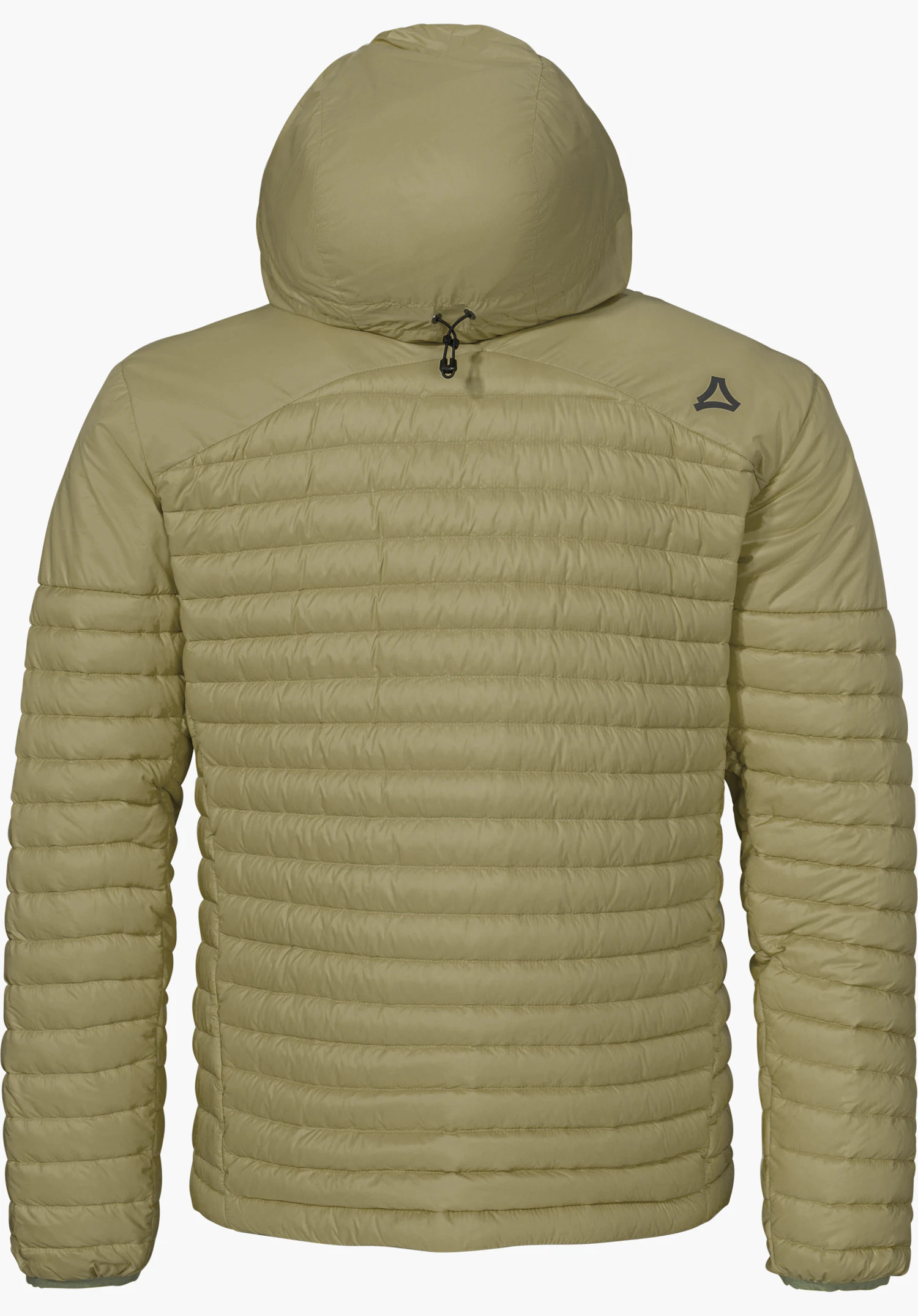 Down Jacket Style Cascata MNS in green, shown from the back with a hood and Schöffel logo, isolated on a white background.