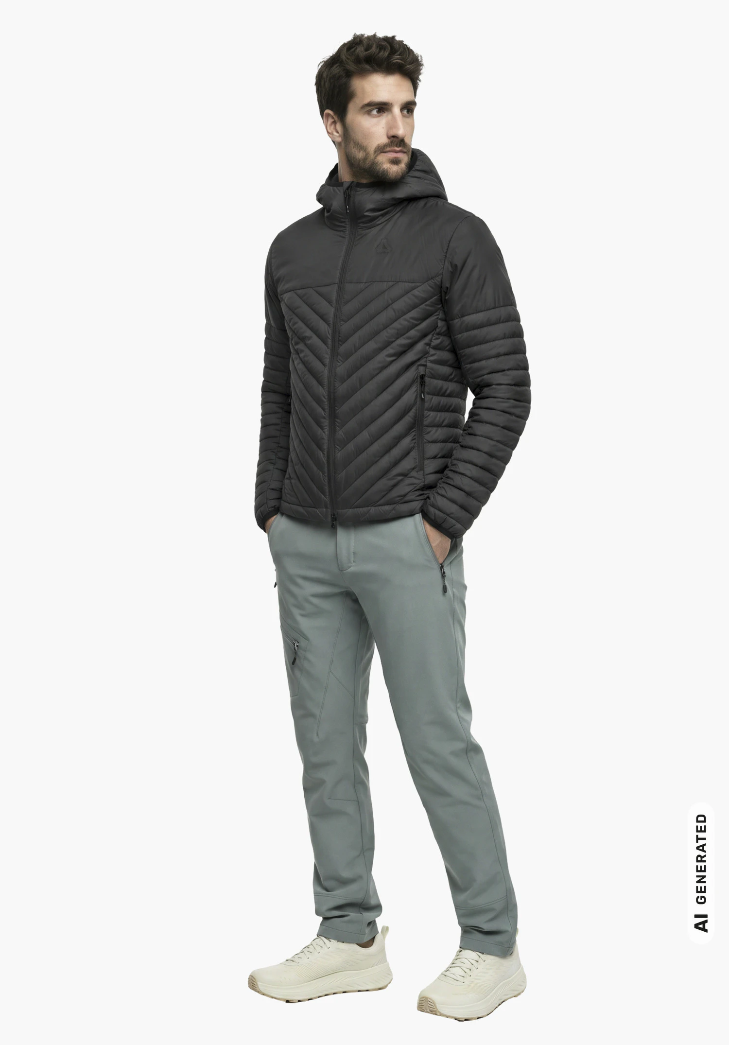 Down Jacket Style Cascata MNS in black with visible Schöffel logo, worn by a male model with hands in pockets in a side view against a white background. (AI-generated)