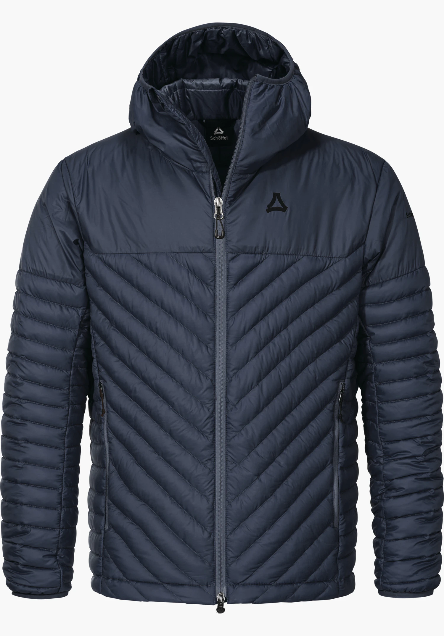 Down Jacket Style Cascata MNS Dunkelblaue gesteppte Daunenjacke mit Kapuze, geschlossener Reißverschluss, Schöffel-Logo auf der Brust; frontal präsentiert vor neutralem weißem Hintergrund.