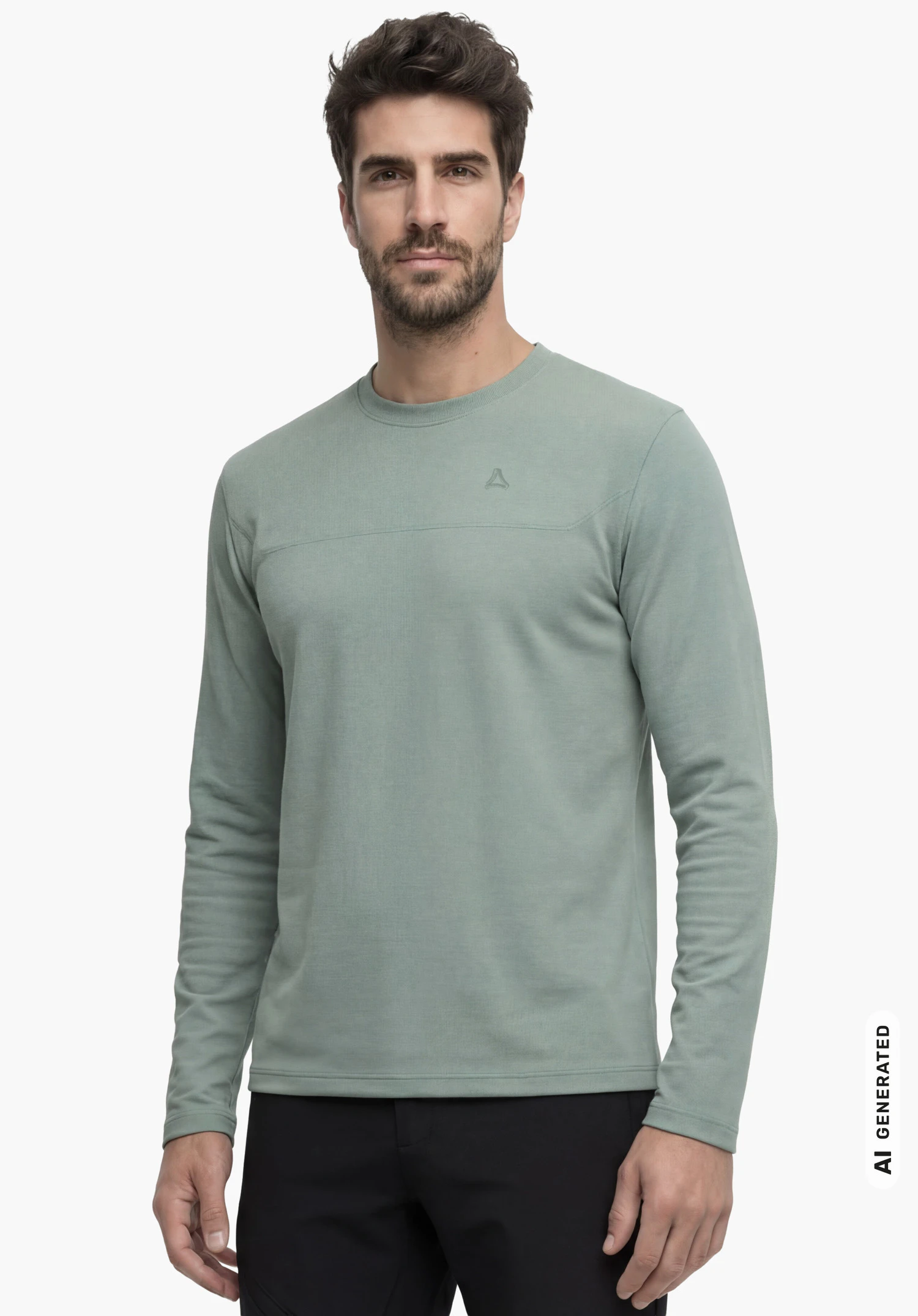 CIRC Longsleeve Style Smue MNS in grau mit Schöffel-Logo, getragen von einem männlichen Model in Frontansicht mit hängenden Armen im aufrechten Stand vor weißem Hintergrund. (KI-generiert)