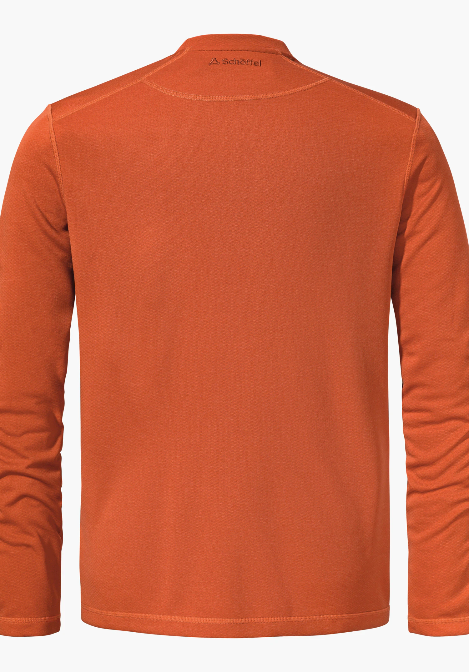 CIRC Longsleeve Style Smue MNS haut manches longues rouge foncé, vue arrière; présenté à plat sur fond blanc neutre; en haut au centre, embossage discret: logo Schöffel et texte "Schöffel".