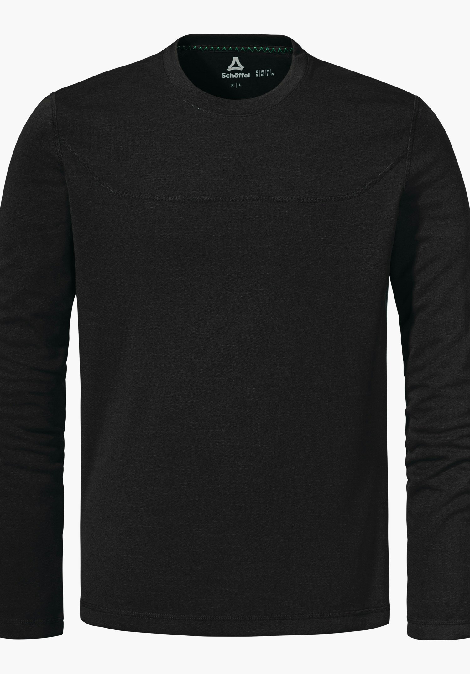 CIRC Longsleeve Style Smue MNS Schwarzes langärmliges Rundhals-Shirt; hochgeschlossen, liegt glatt und frontal präsentiert vor weißem Hintergrund. Schöffel-Logo im Kragen, Schriftzug: "Schöffel".