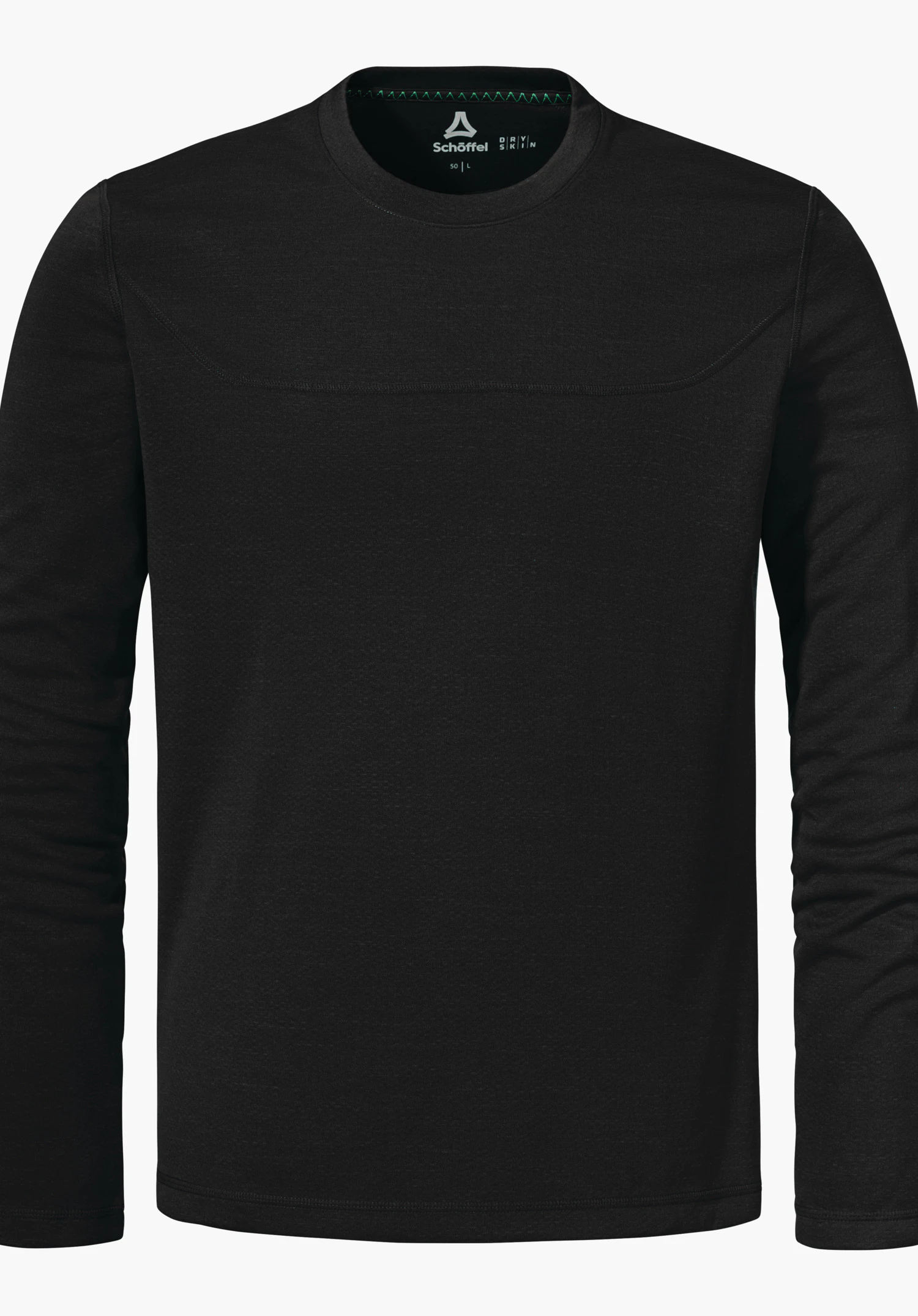 CIRC Longsleeve Style Smue MNS Schwarzes langärmliges Rundhals-Shirt; hochgeschlossen, liegt glatt und frontal präsentiert vor weißem Hintergrund. Schöffel-Logo im Kragen, Schriftzug: "Schöffel".