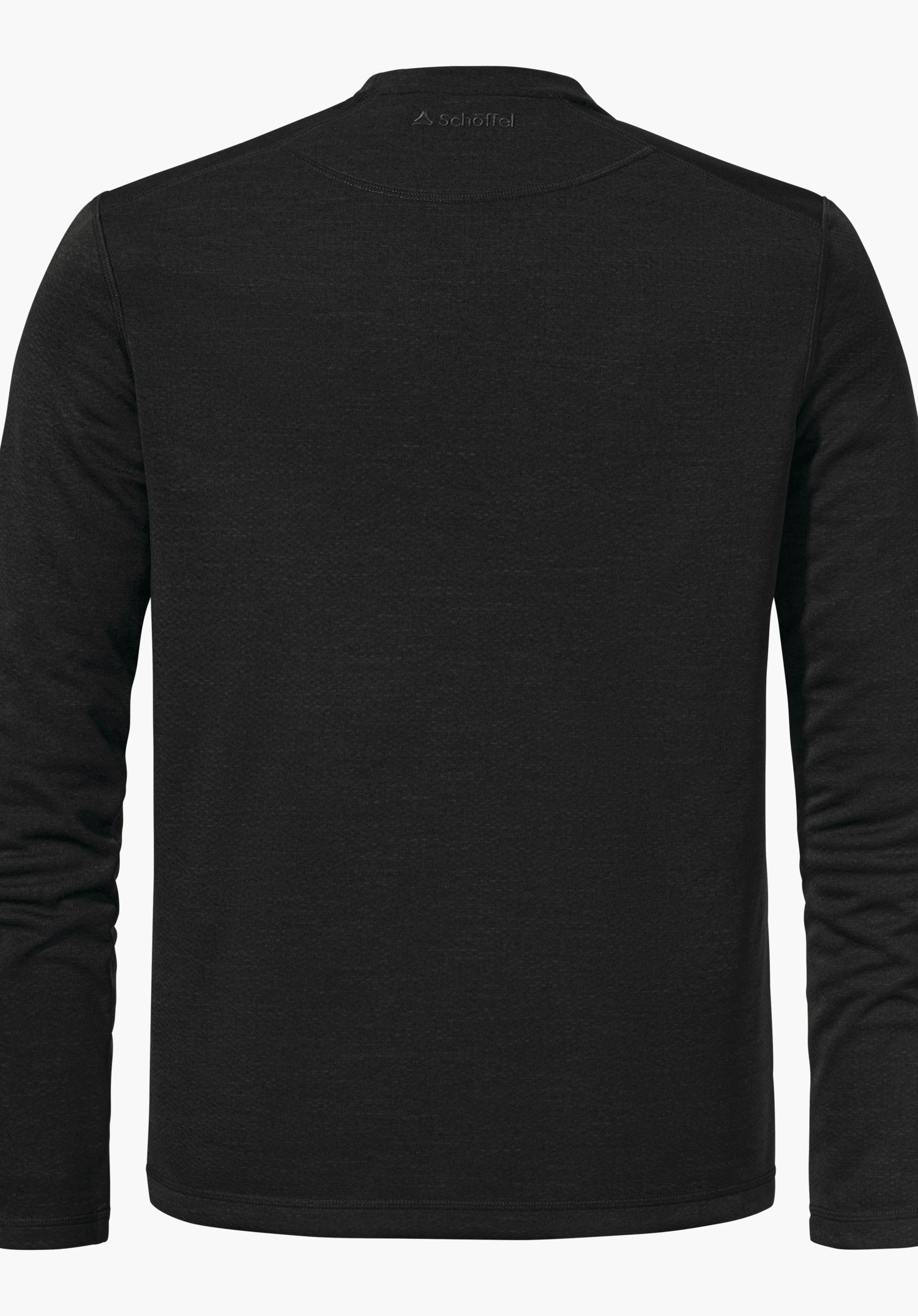 CIRC Longsleeve Style Smue MNS Dunkel schwarzes Langarmshirt, zeigt Rückseite, liegt flach vor neutralem weißen Hintergrund; oben mittig dezente Prägung: Schöffel-Logo und Schrift "Schöffel".